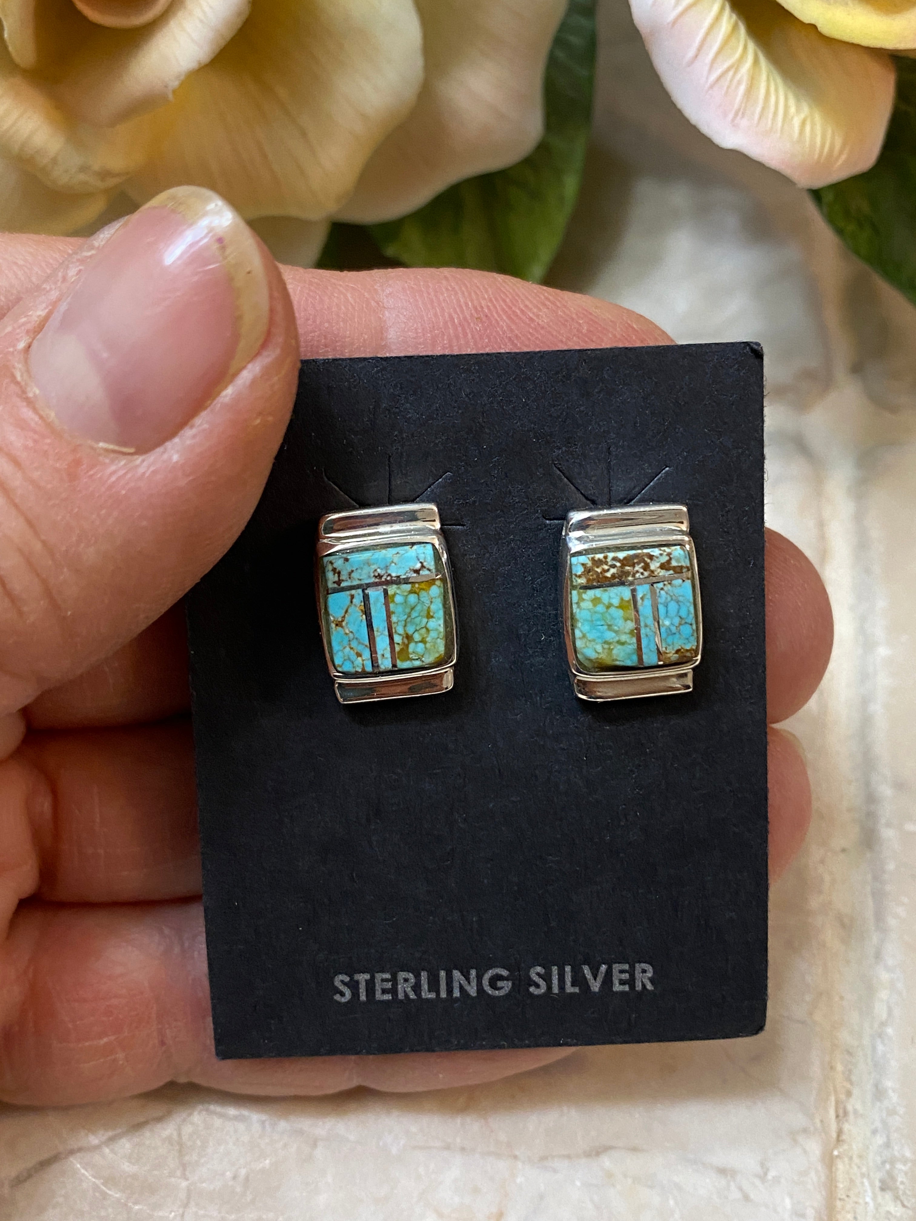 Navajo Turquoise 8 more matrix & Sterling Silver Rectangle Inlay Stud Earrings