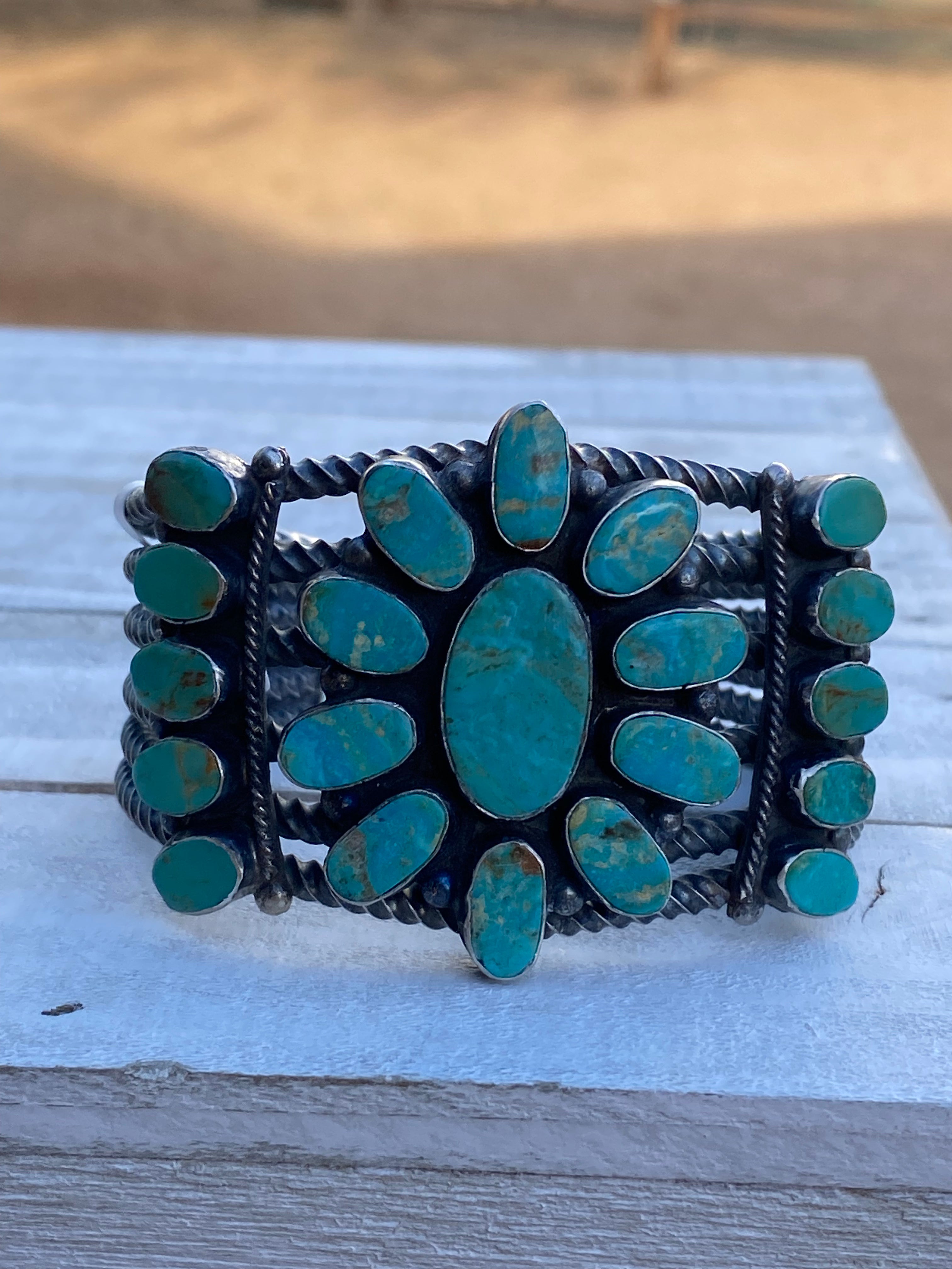 Navajo Jacqueline Silver Royston Turquoise & Sterling Cluster Cuff