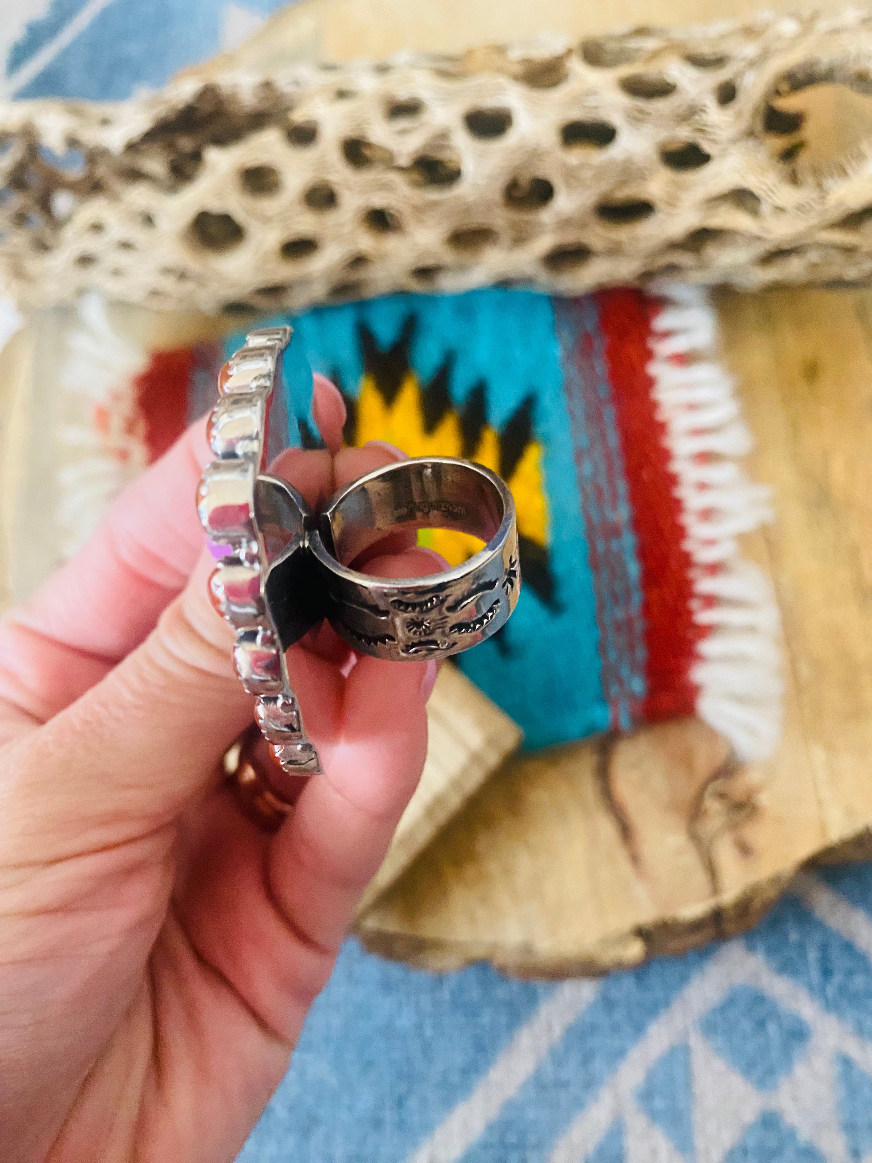 Handmade Sterling Silver, Fordite & Garnet Cluster Adjustable Ring