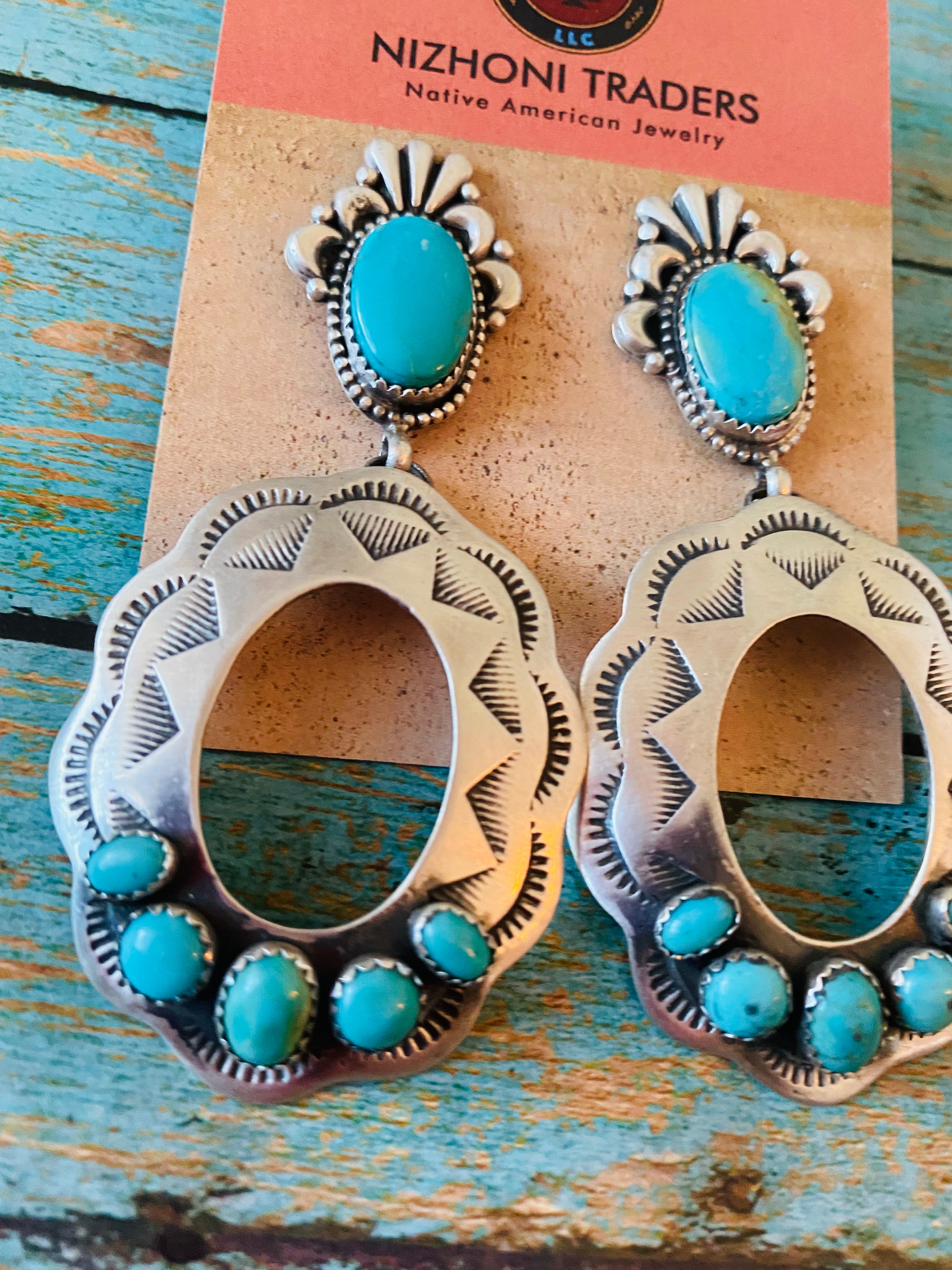 Navajo Sterling Silver & Turquoise Concho Dangle Earrings