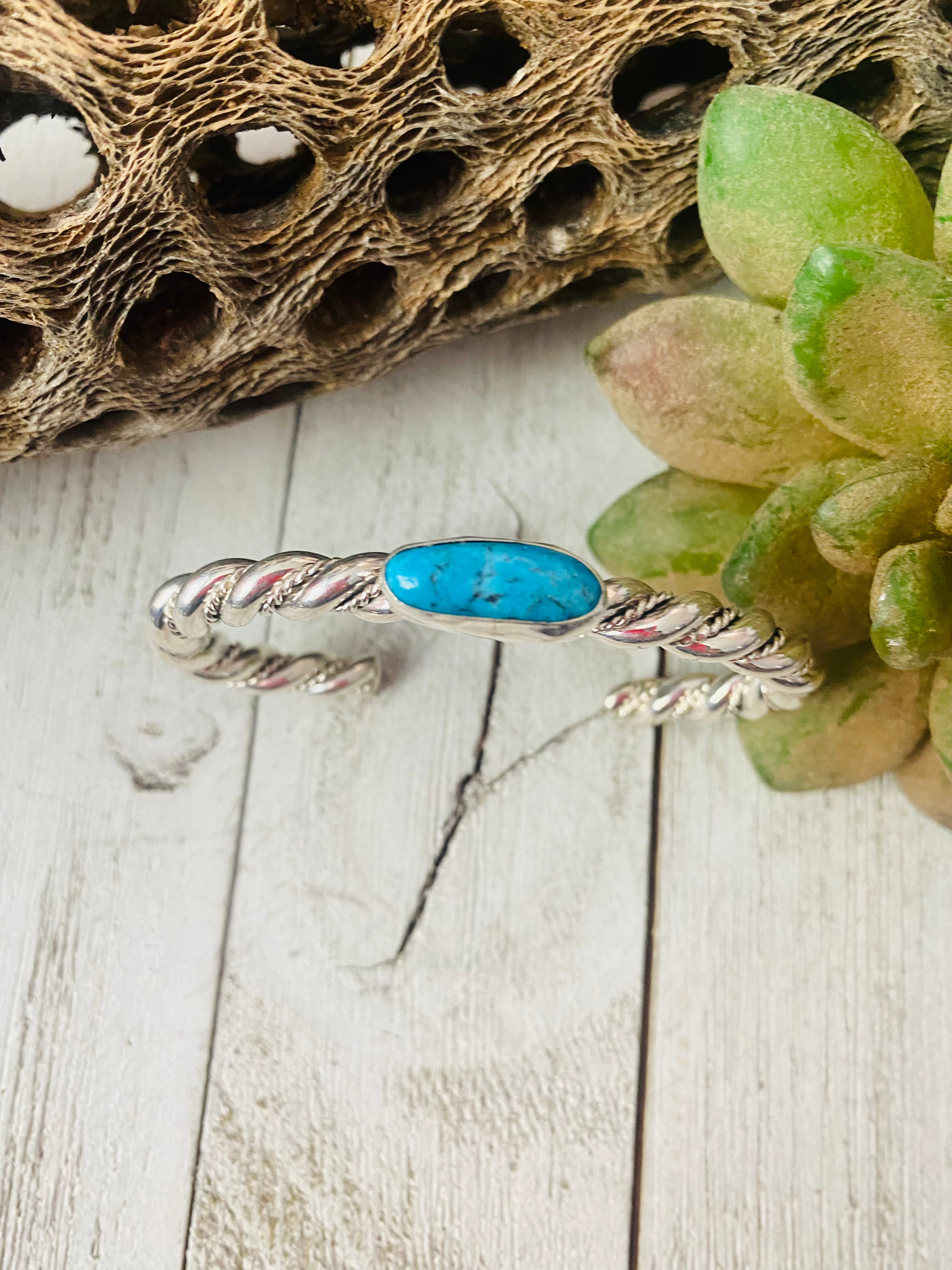 Navajo Twisted Sterling Silver & Kingman Turquoise Cuff Bracelet