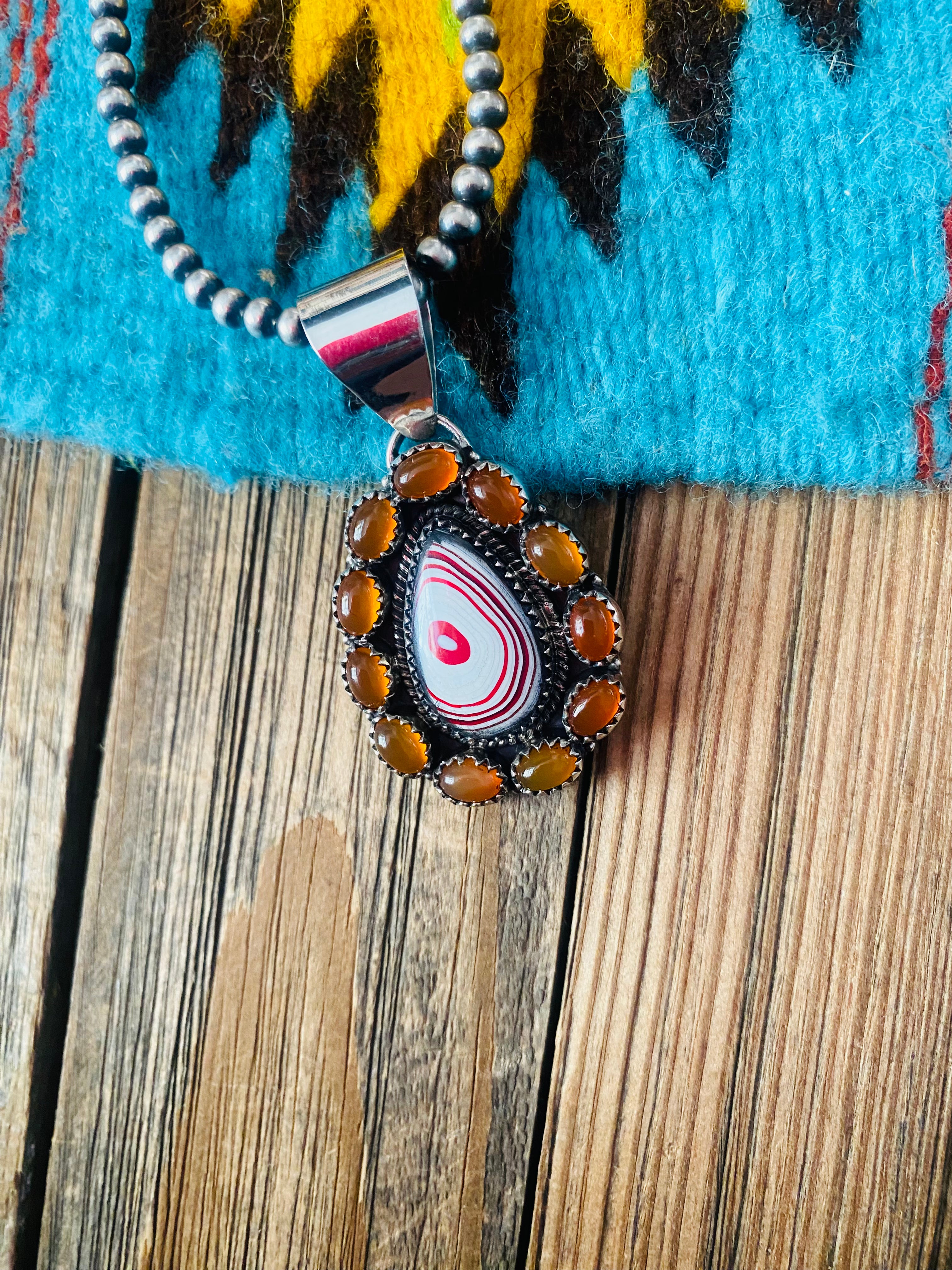 Handmade Sterling Silver, Fordite & Garnet Cluster Pendant