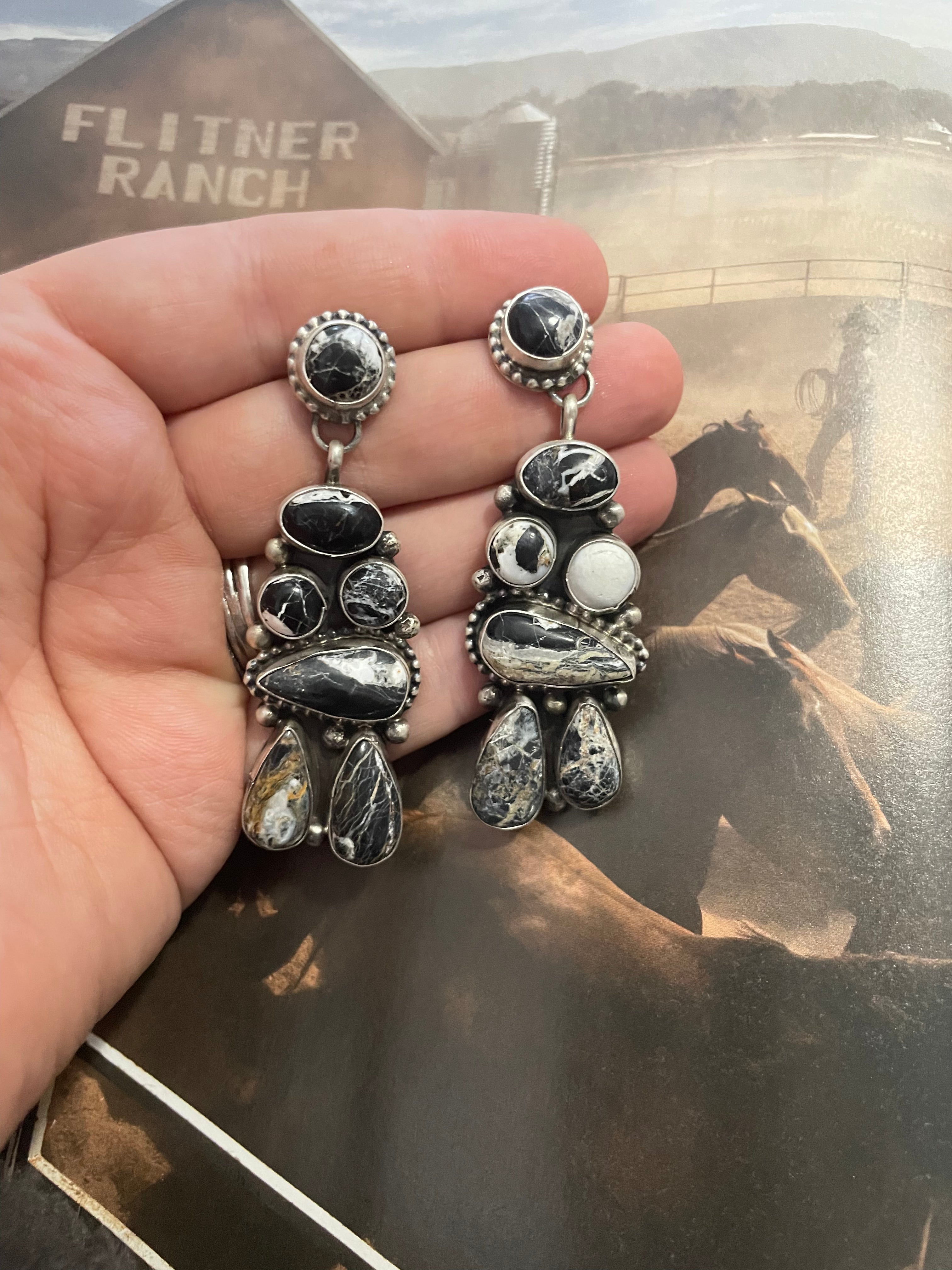 Navajo White Buffalo Cluster Dangle Earrings By Sheila Becenti