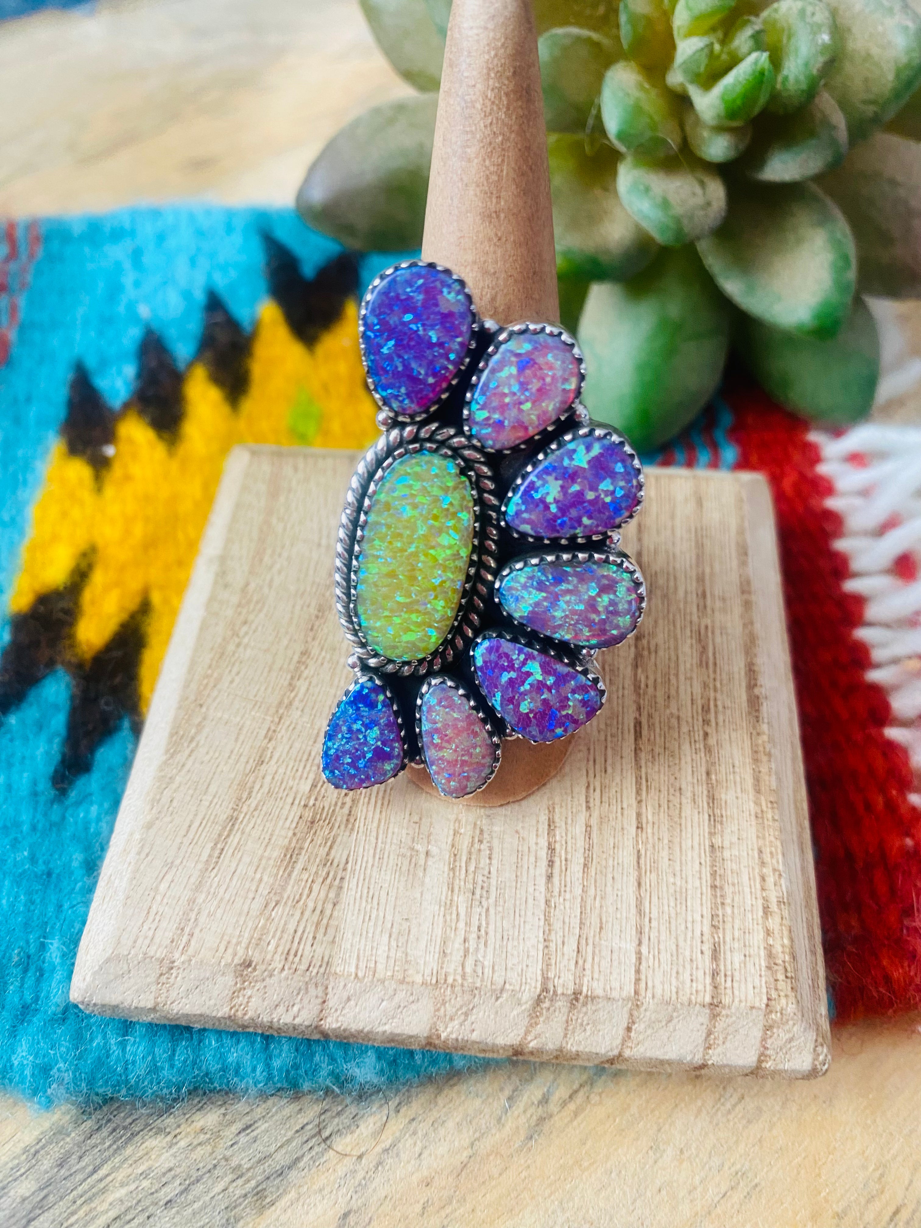 Handmade Sterling Silver & Opal Cluster Adjustable Ring