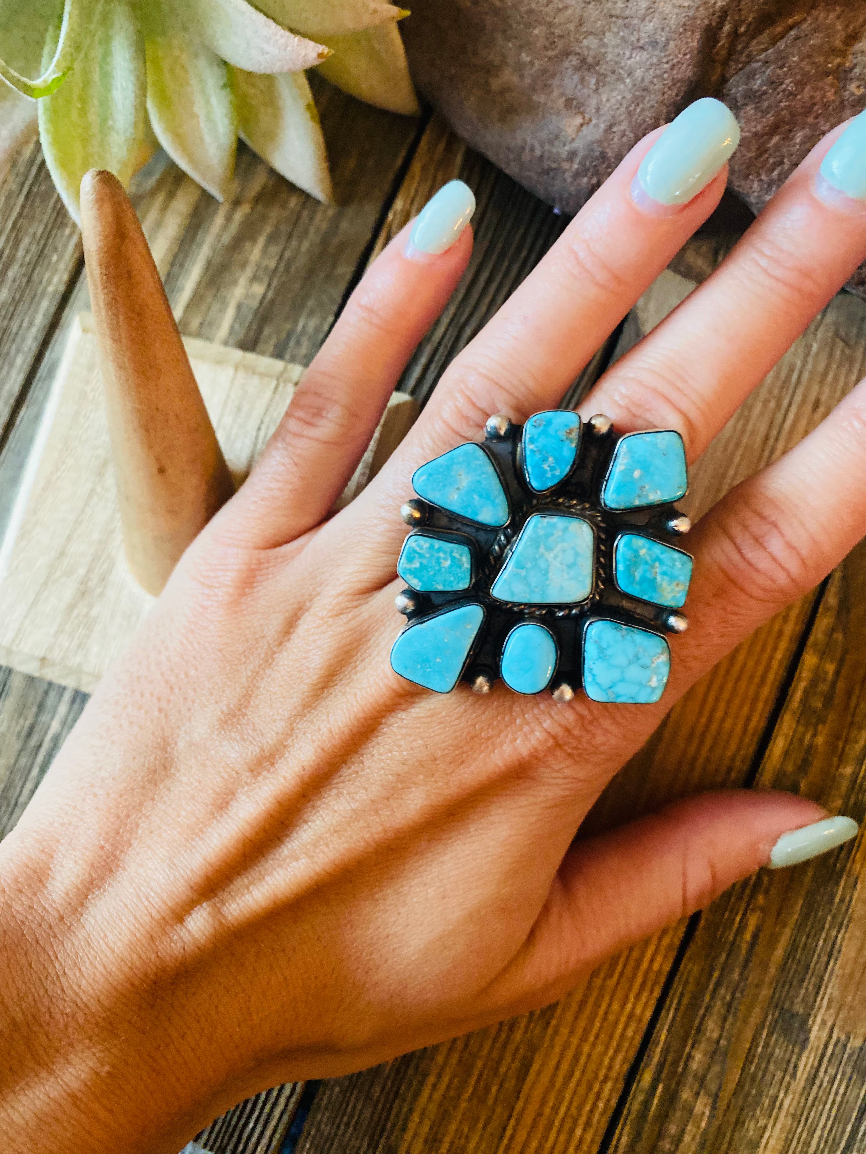 Navajo Kingman Turquoise & Sterling Silver Cluster Ring Size 9