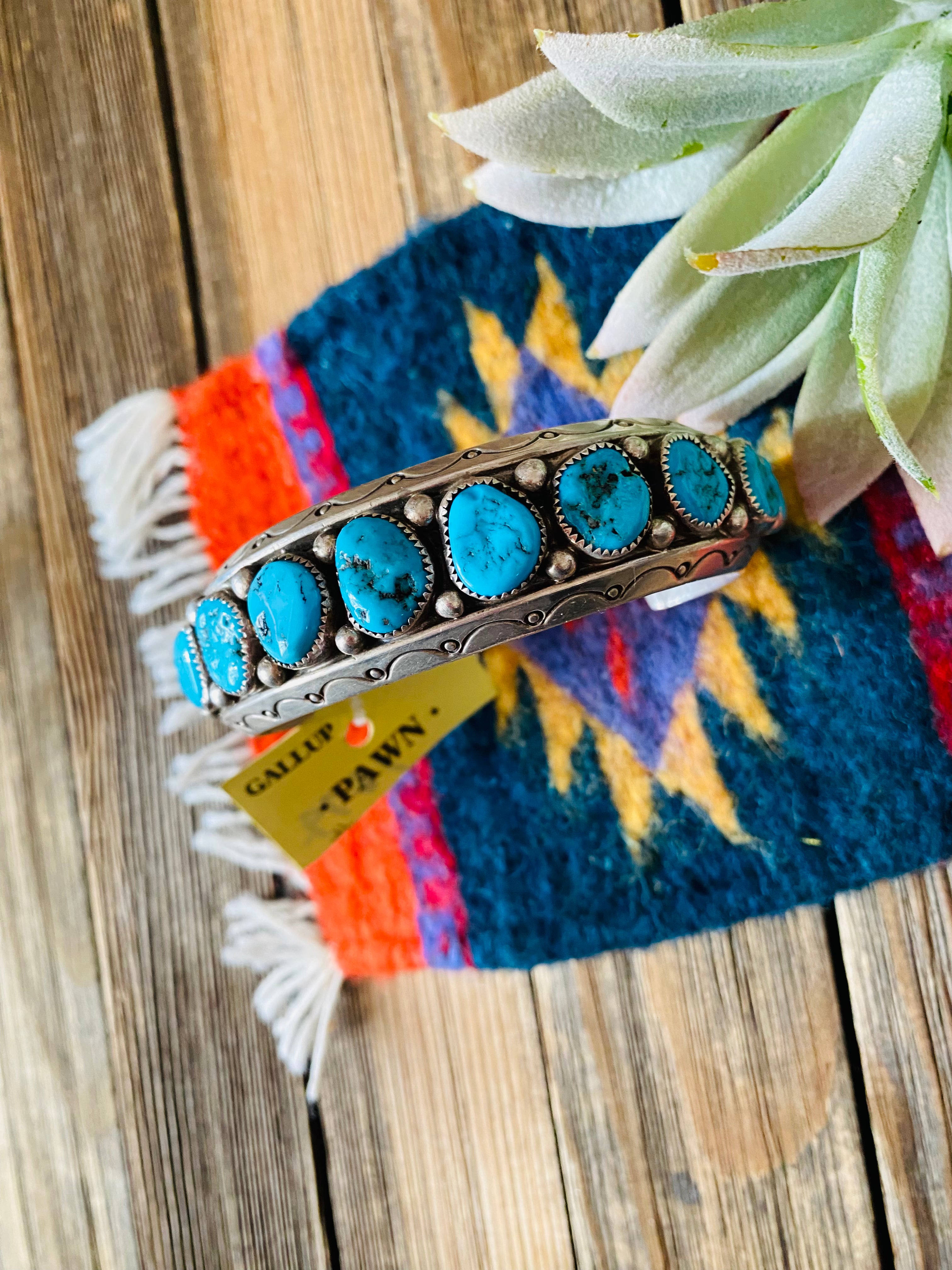 Navajo Old Pawn Vintage Kingman Turquoise & Sterling Silver Cuff Bracelet