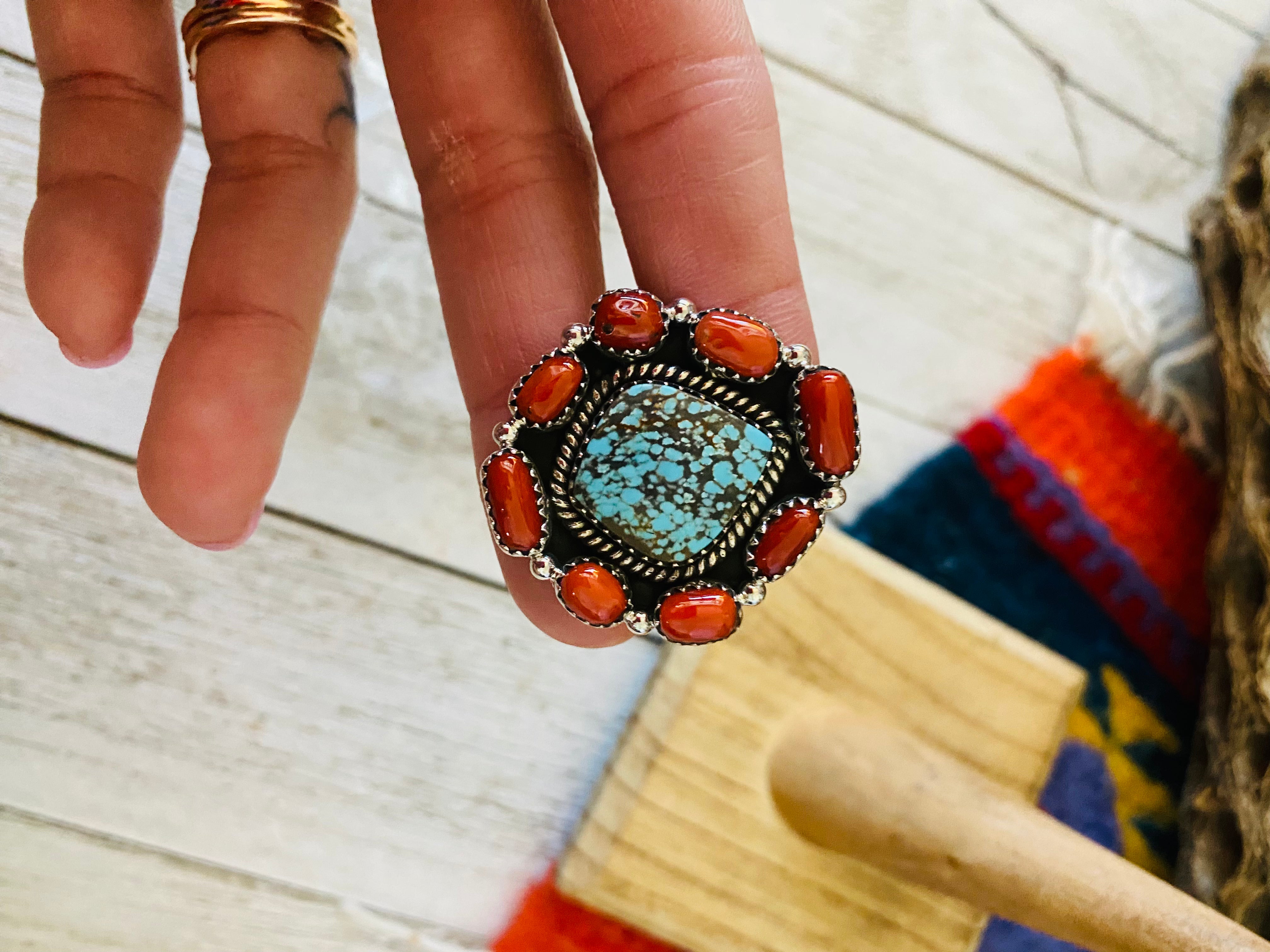 Handmade Sterling Silver, Coral & Number 8 Turquoise Cluster Adjustable Ring