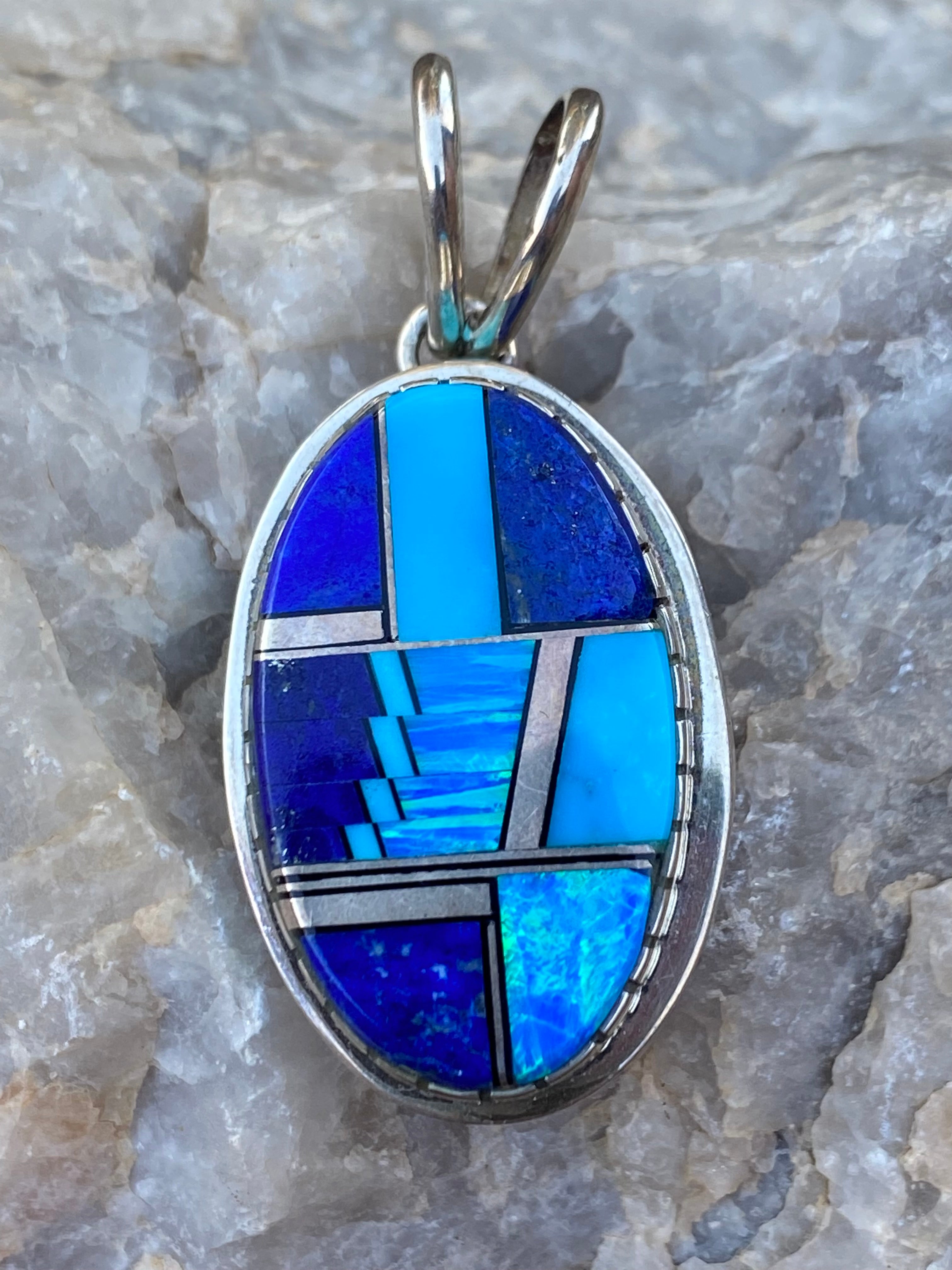 Navajo Lapis, Turquoise, Blue Opal Oval Pendant