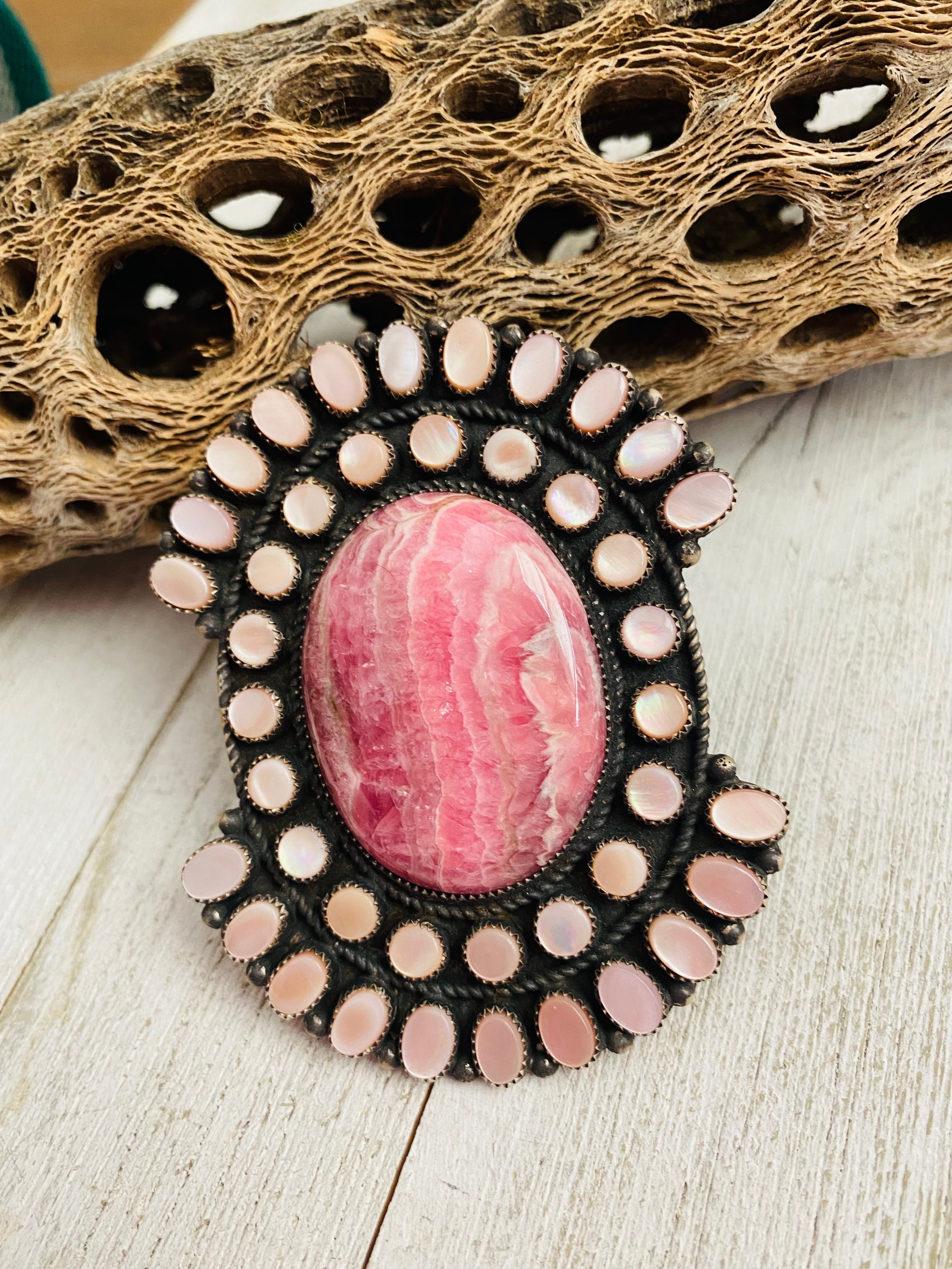 Navajo Sterling Silver, Mother of Pearl & Rhodochrosite Cluster Adjustable Ring