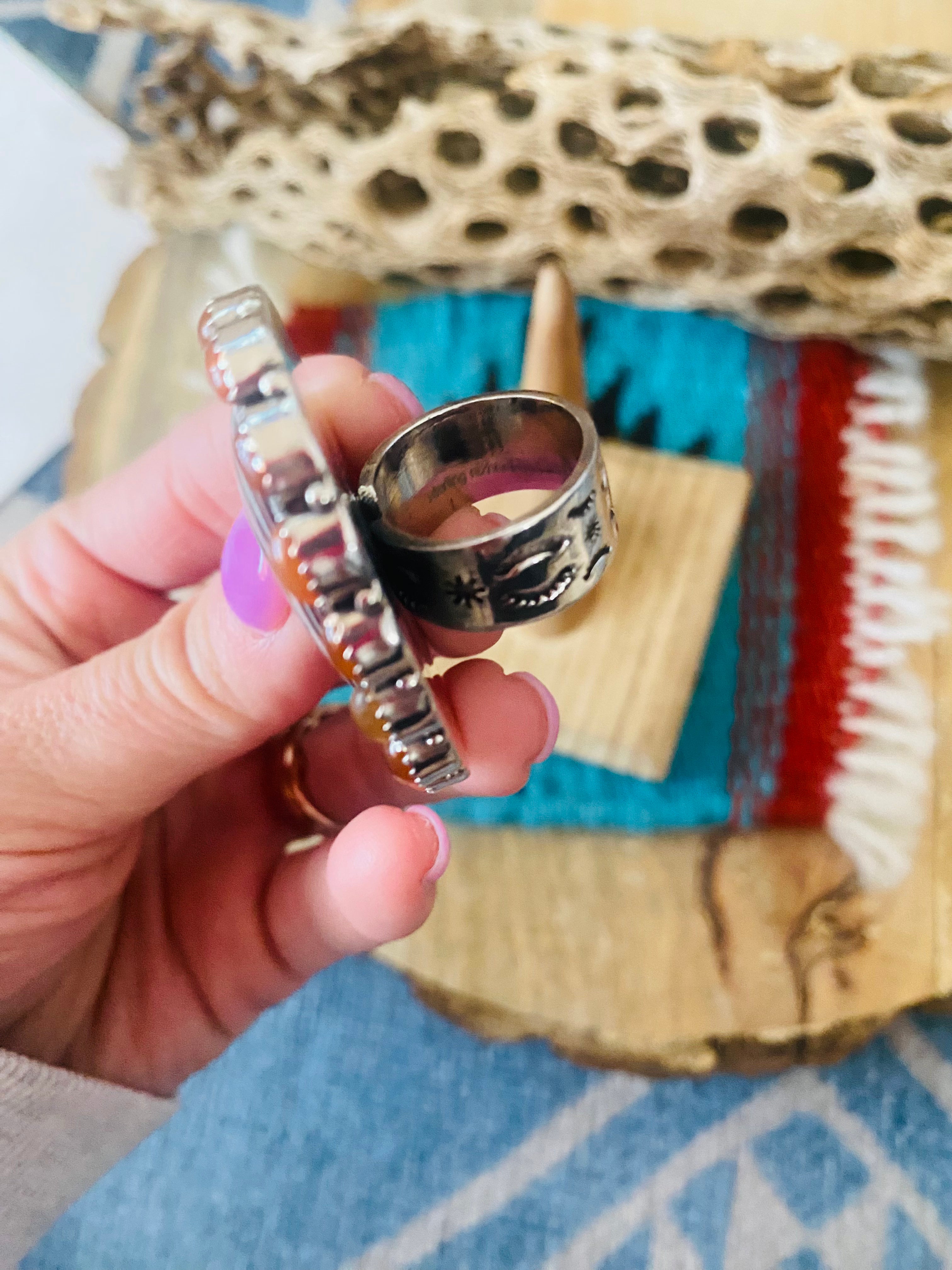 Handmade Sterling Silver, Fordite & Garnet Cluster Adjustable Ring