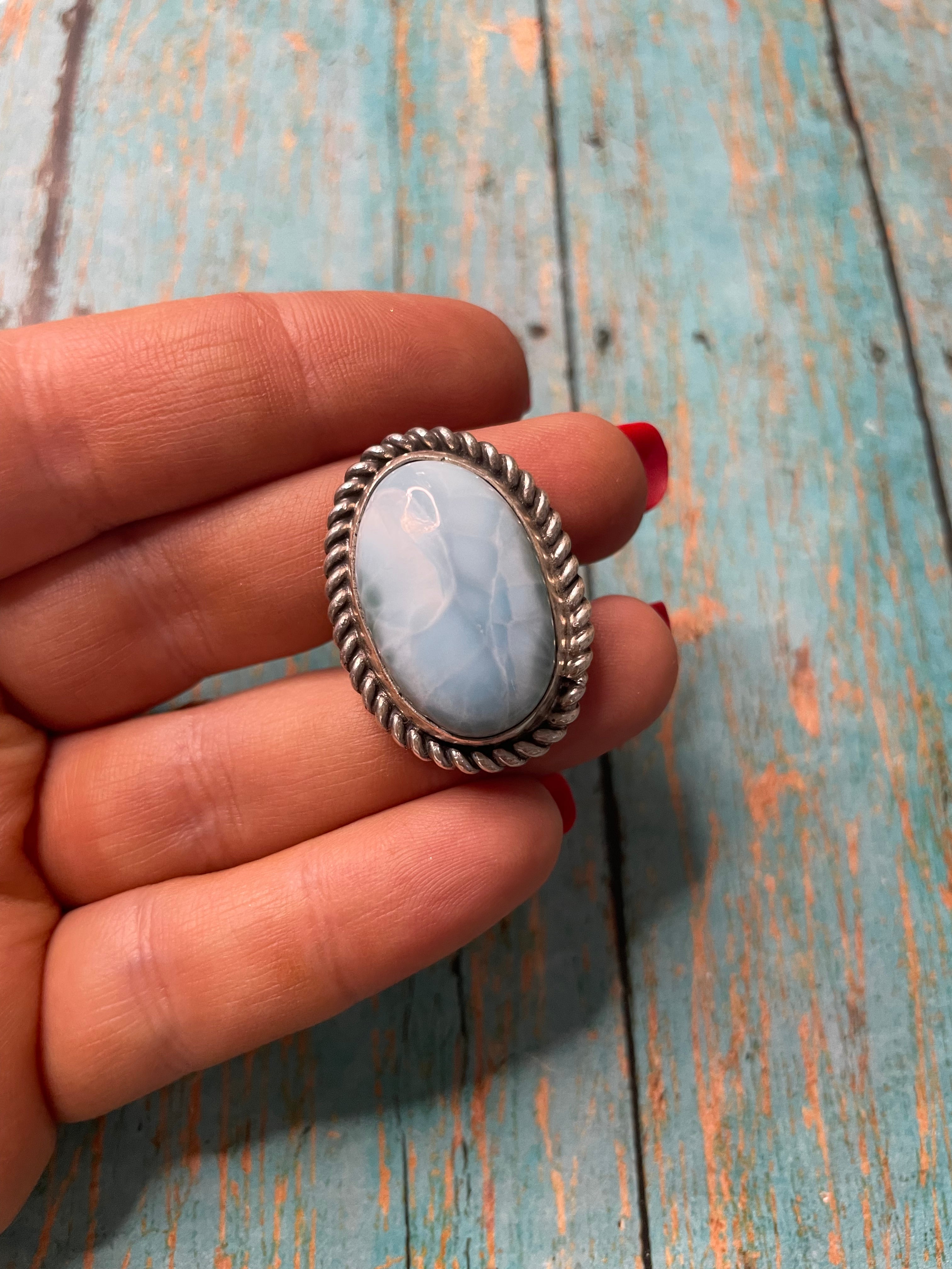 Old Pawn Navajo Sterling Silver & Light Blue Larimer Ring Size 7.5