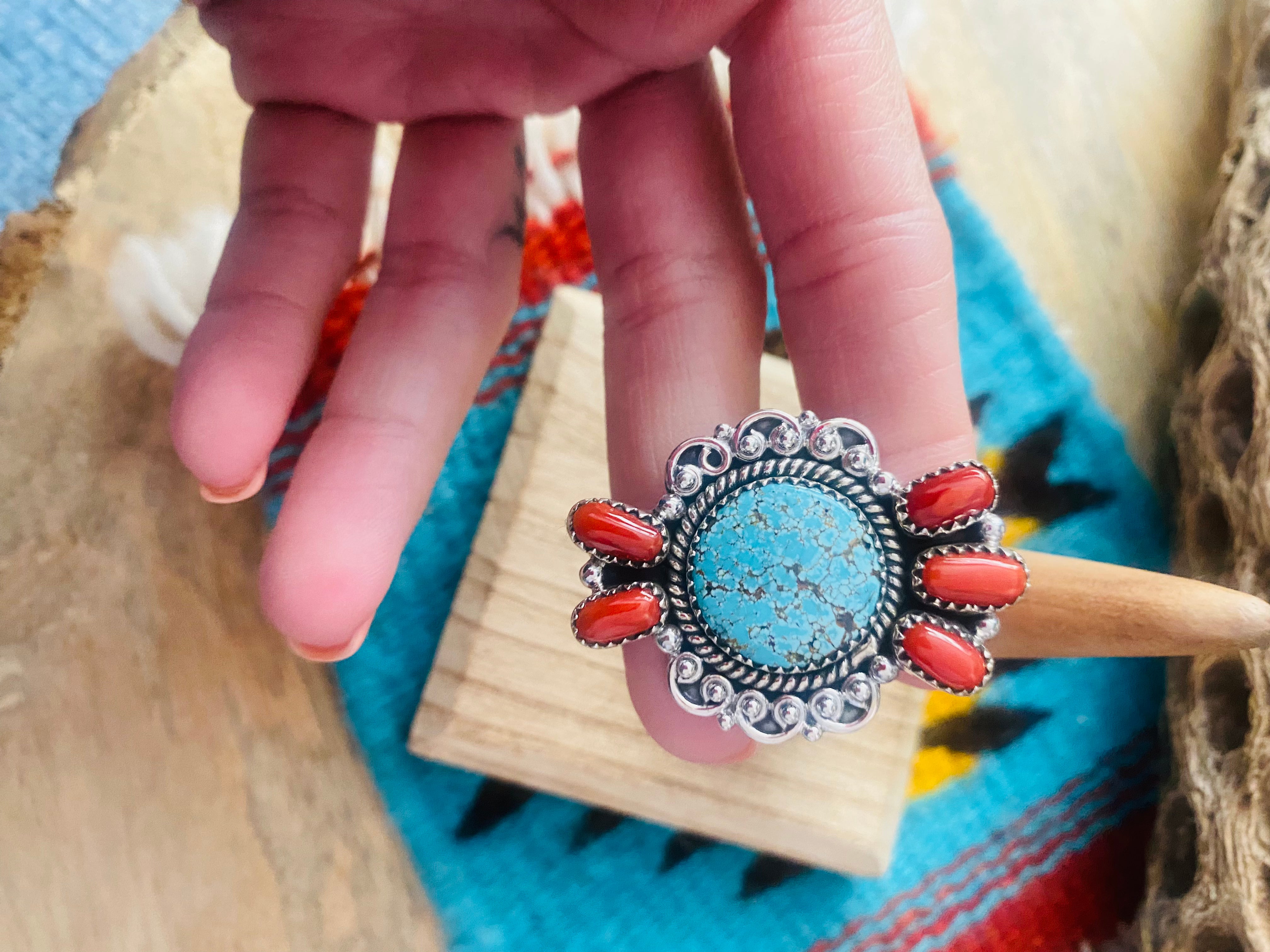 Handmade Sterling Silver, Coral & Number 8 Turquoise Adjustable Ring