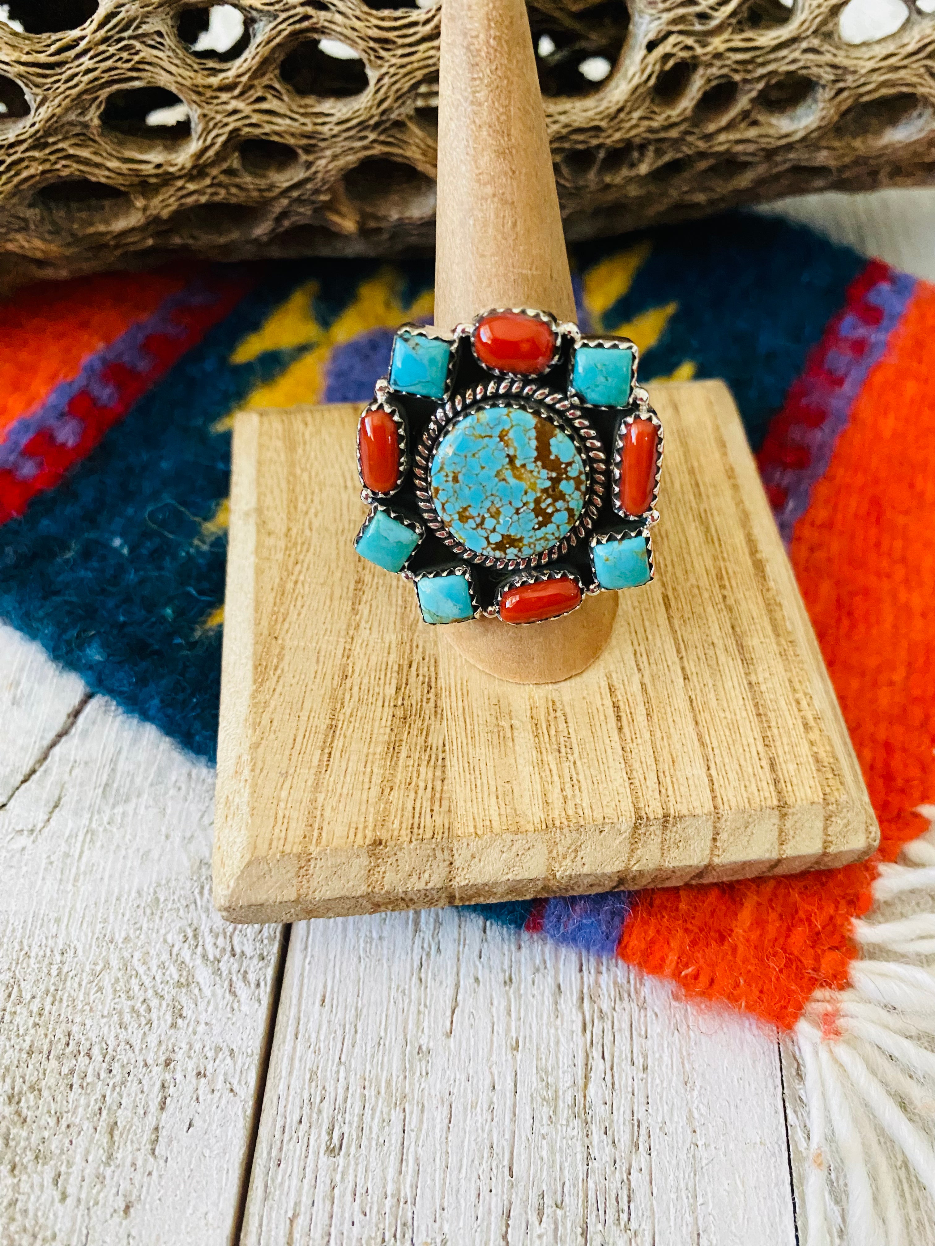 Handmade Sterling Silver, Coral & Number 8 Turquoise Cluster Adjustable Ring