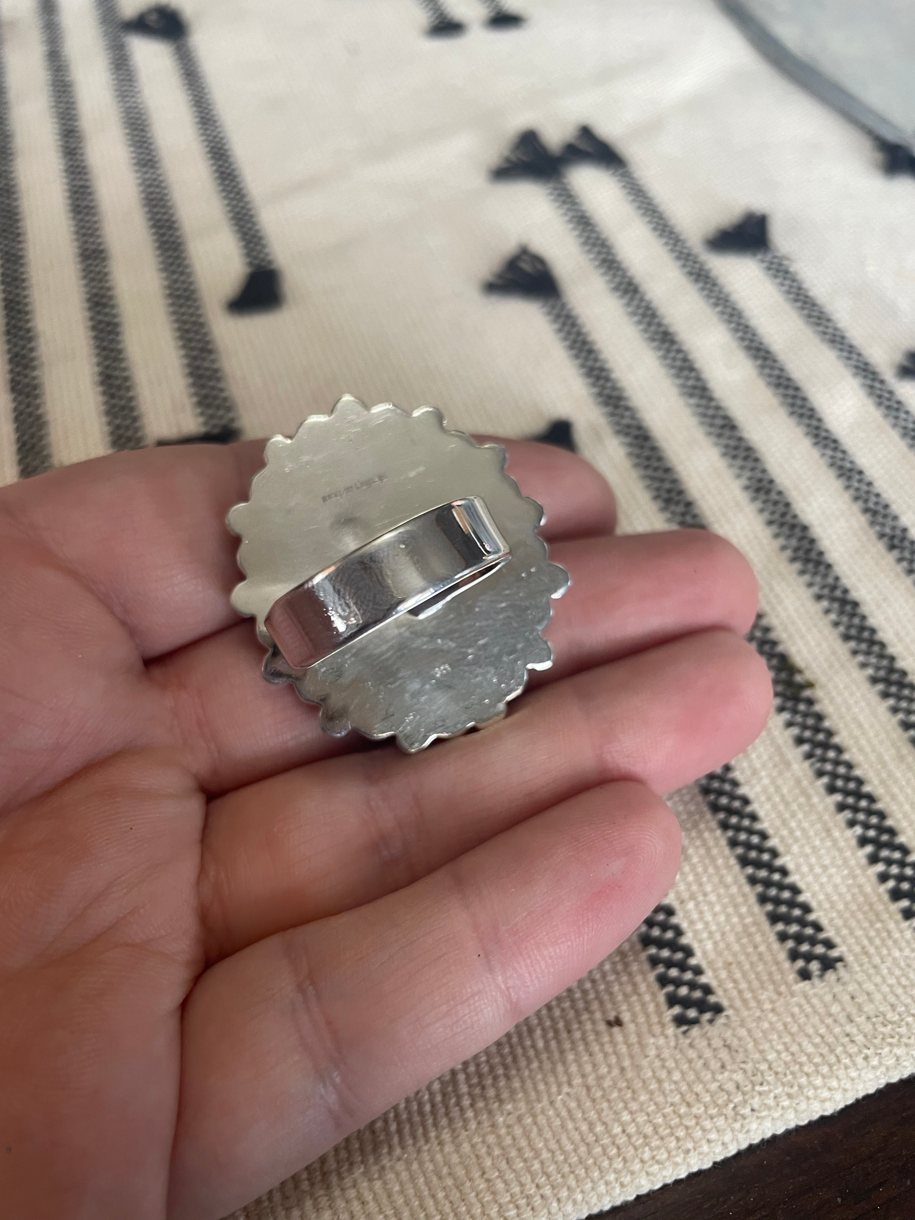 Handmade Sterling Silver, White Buffalo & Turquoise Cluster Adjustable Ring Signed Nizhoni