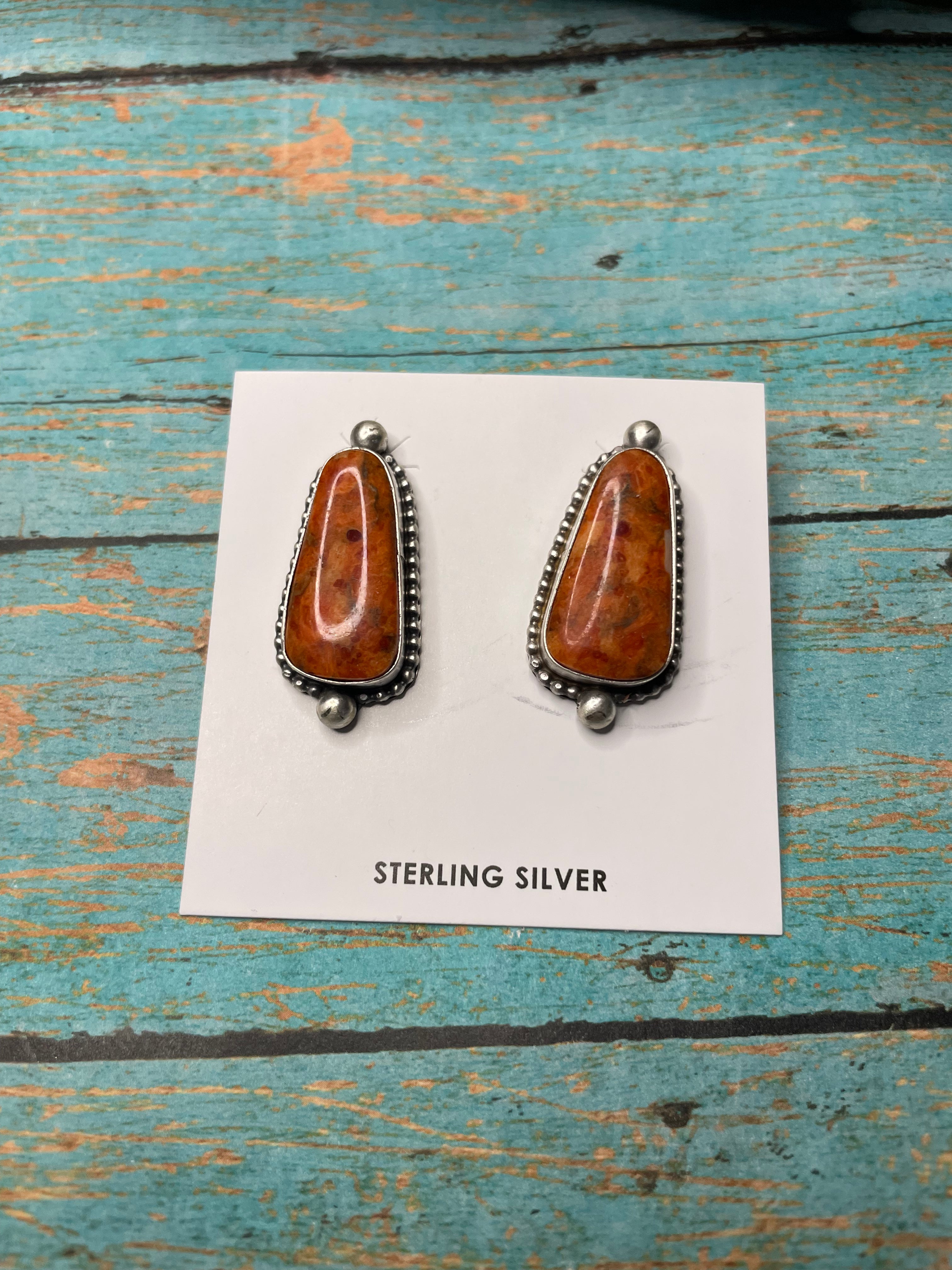 Navajo Apple Coral And Sterling Silver Post Earrings Signed