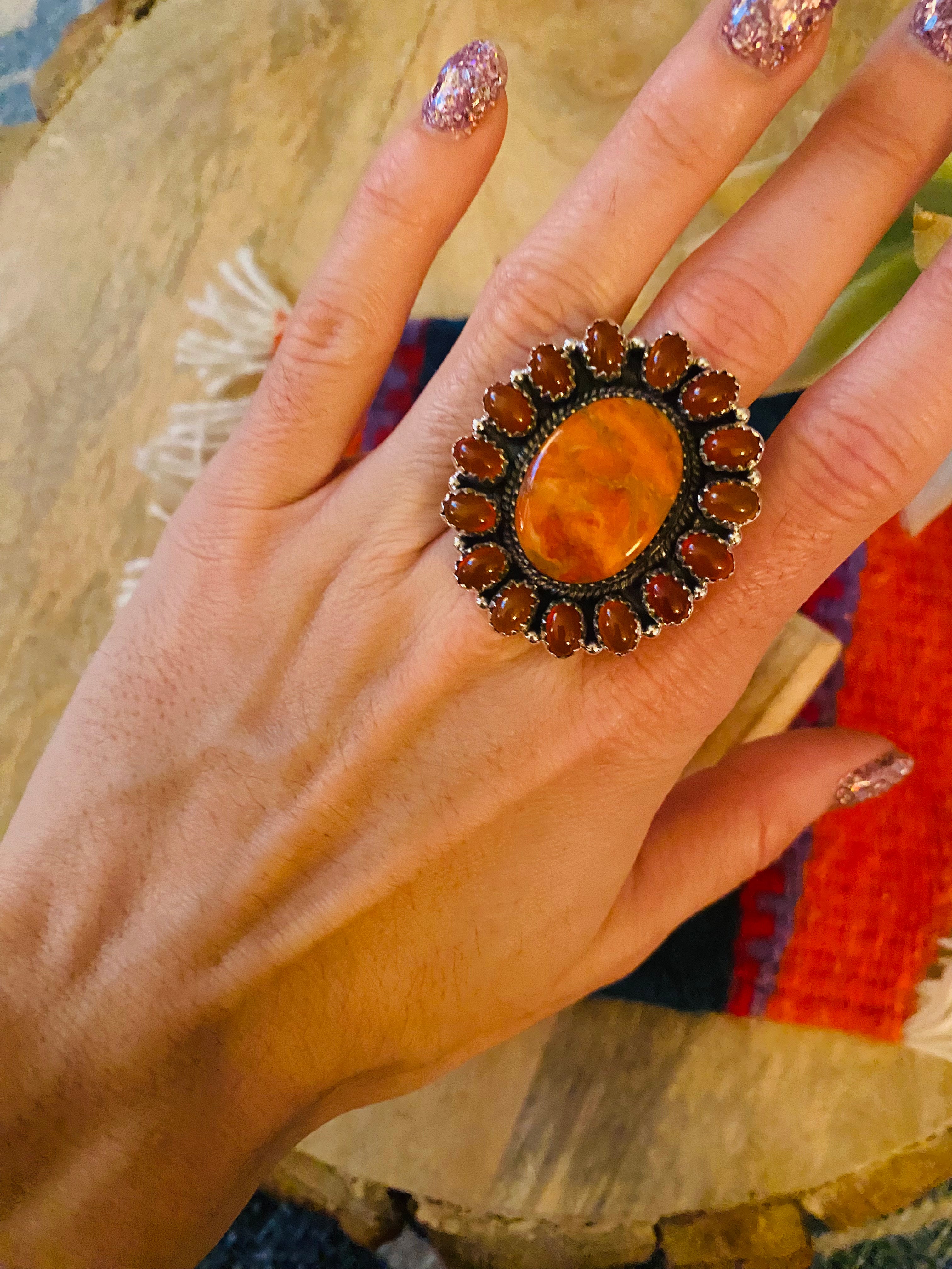 Handmade Sterling Silver, Carnelian & Spiny Mohave Cluster Adjustable Ring