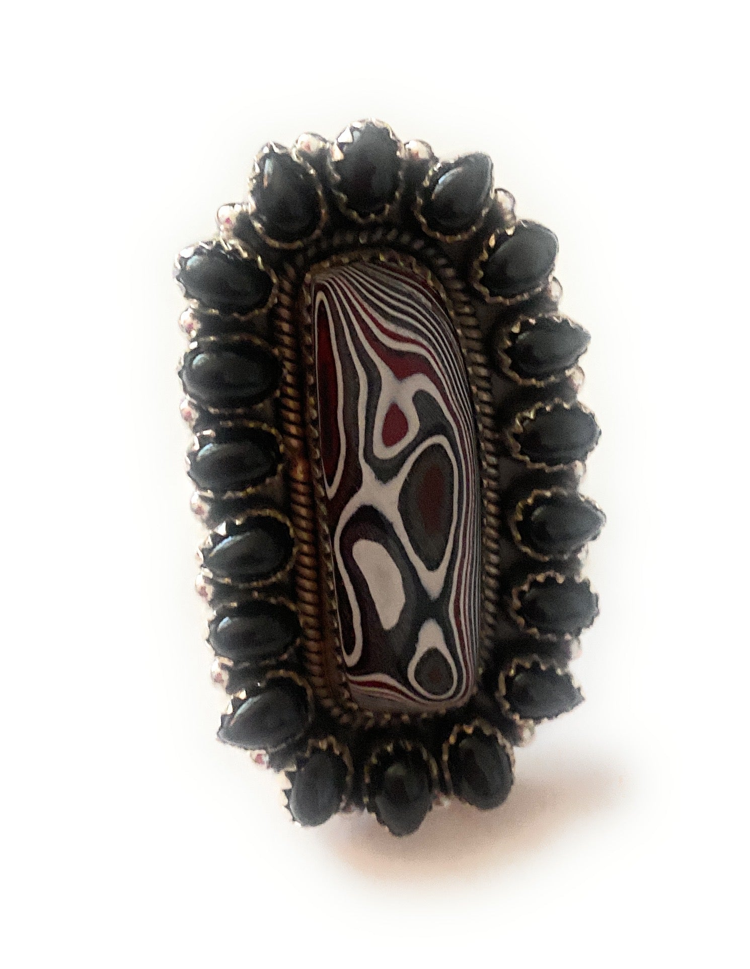 Handmade Sterling Silver, Fordite & Onyx Cluster Adjustable Ring