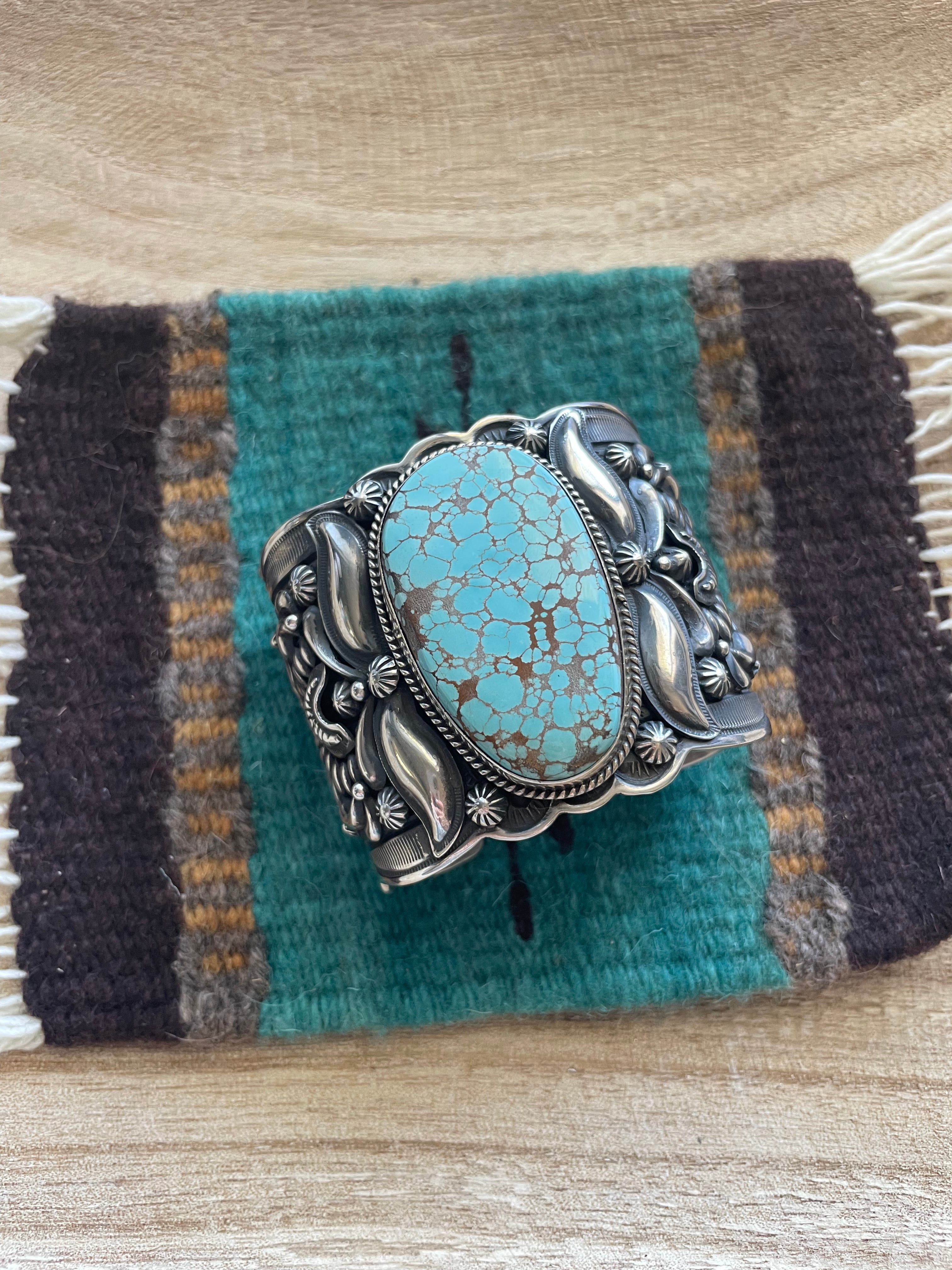 Navajo Sterling Silver & Number 8 Turquoise Cuff Bracelet Signed