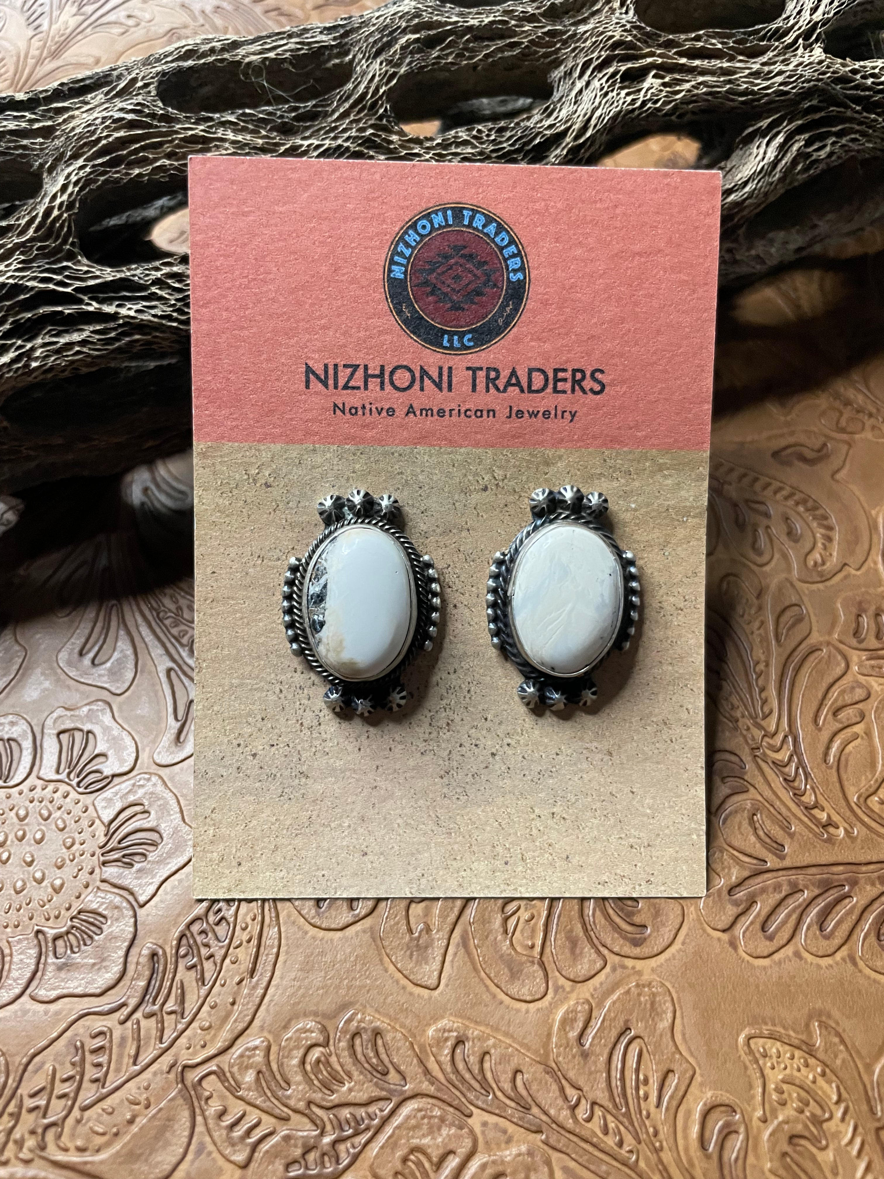 Navajo White Buffalo And Sterling Silver Post Earrings