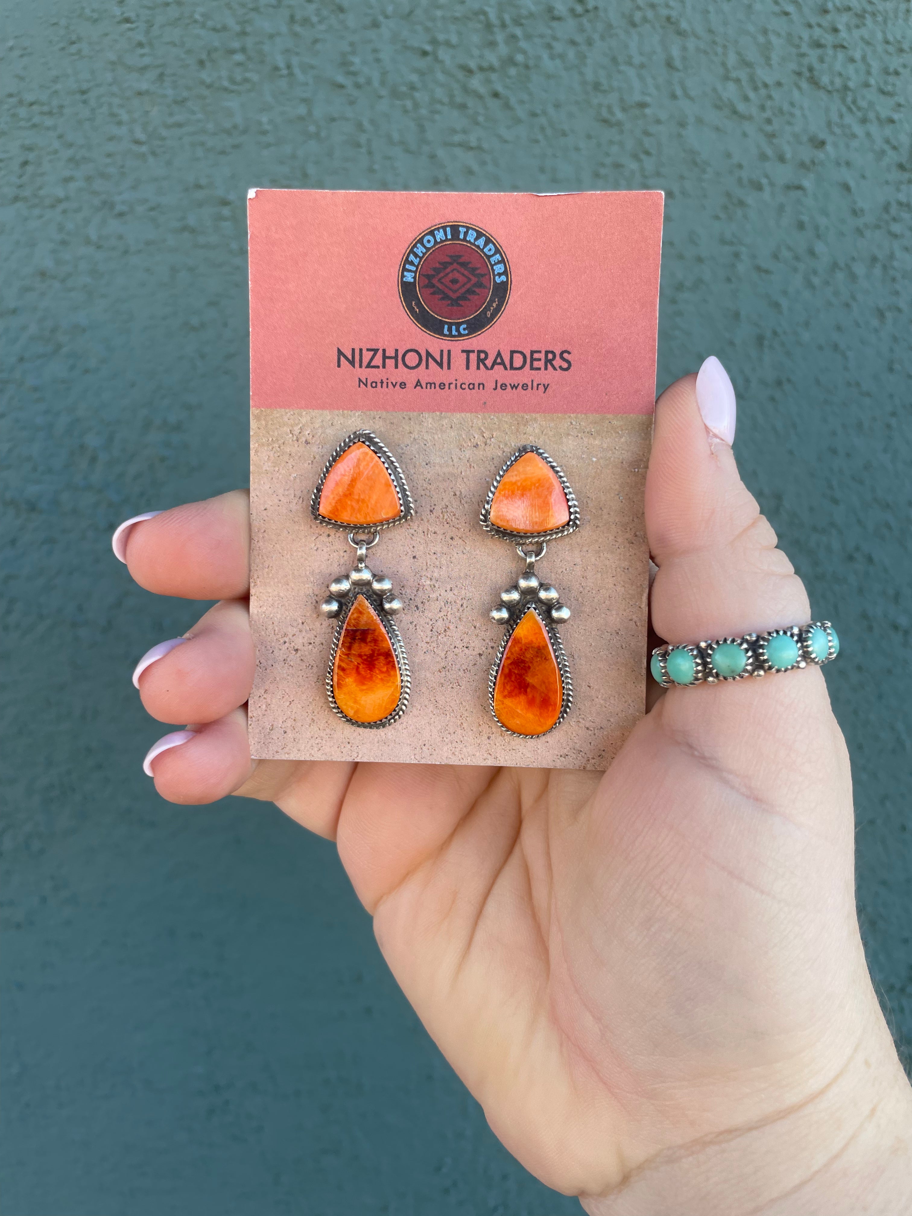 Navajo Orange Spiny And Sterling Silver Squash Blossom Necklace & Earrings Set By Selena Warner