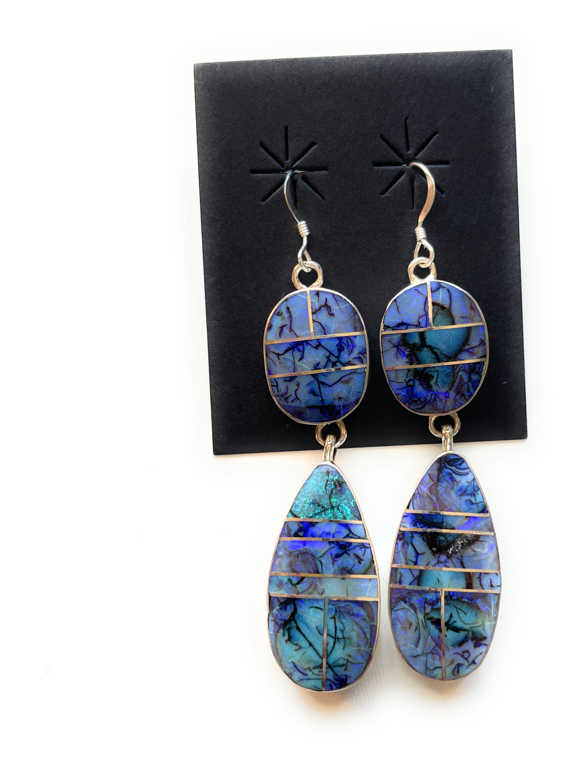 Navajo Blue Opal Web & Sterling Silver Dangle Earrings Signed