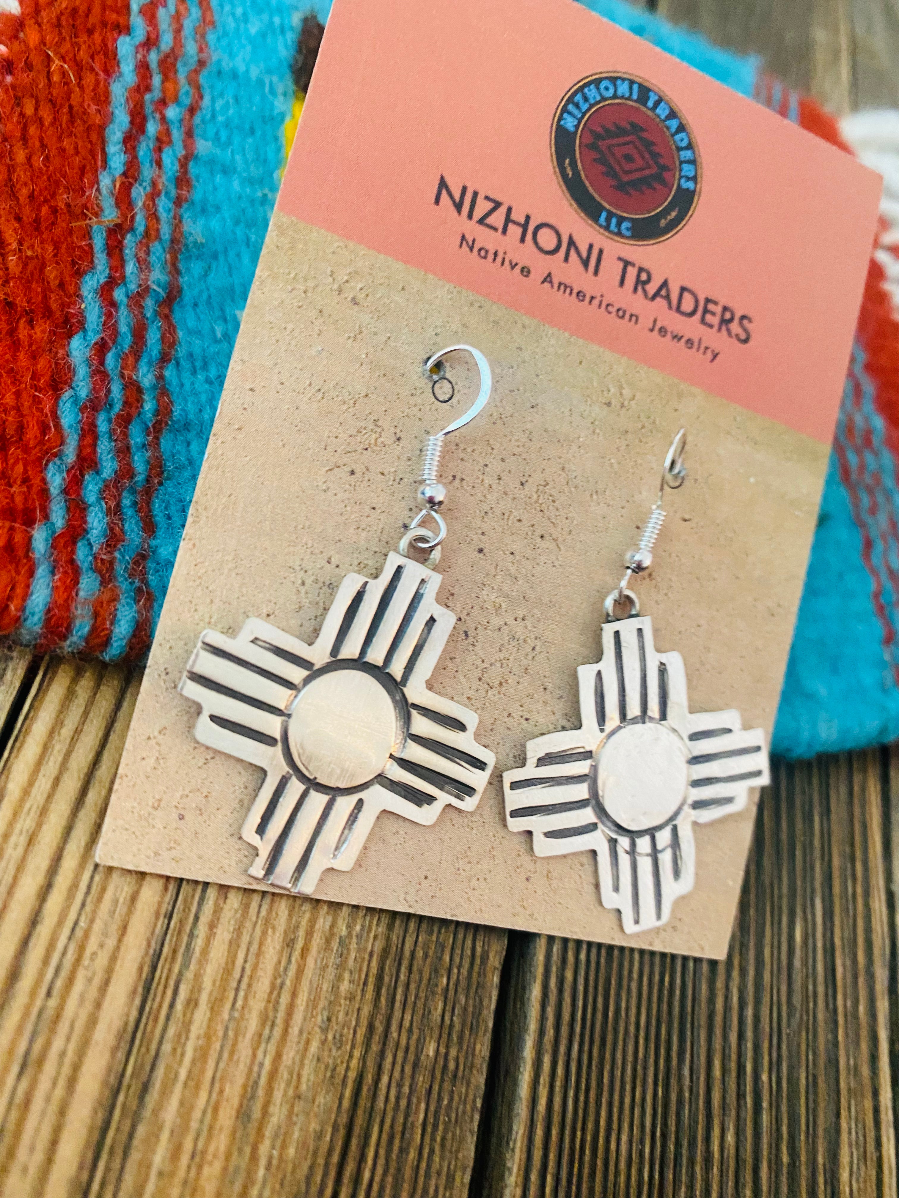 Navajo Hand Stamped Sterling Silver Zia Cross Dangle Earrings Signed