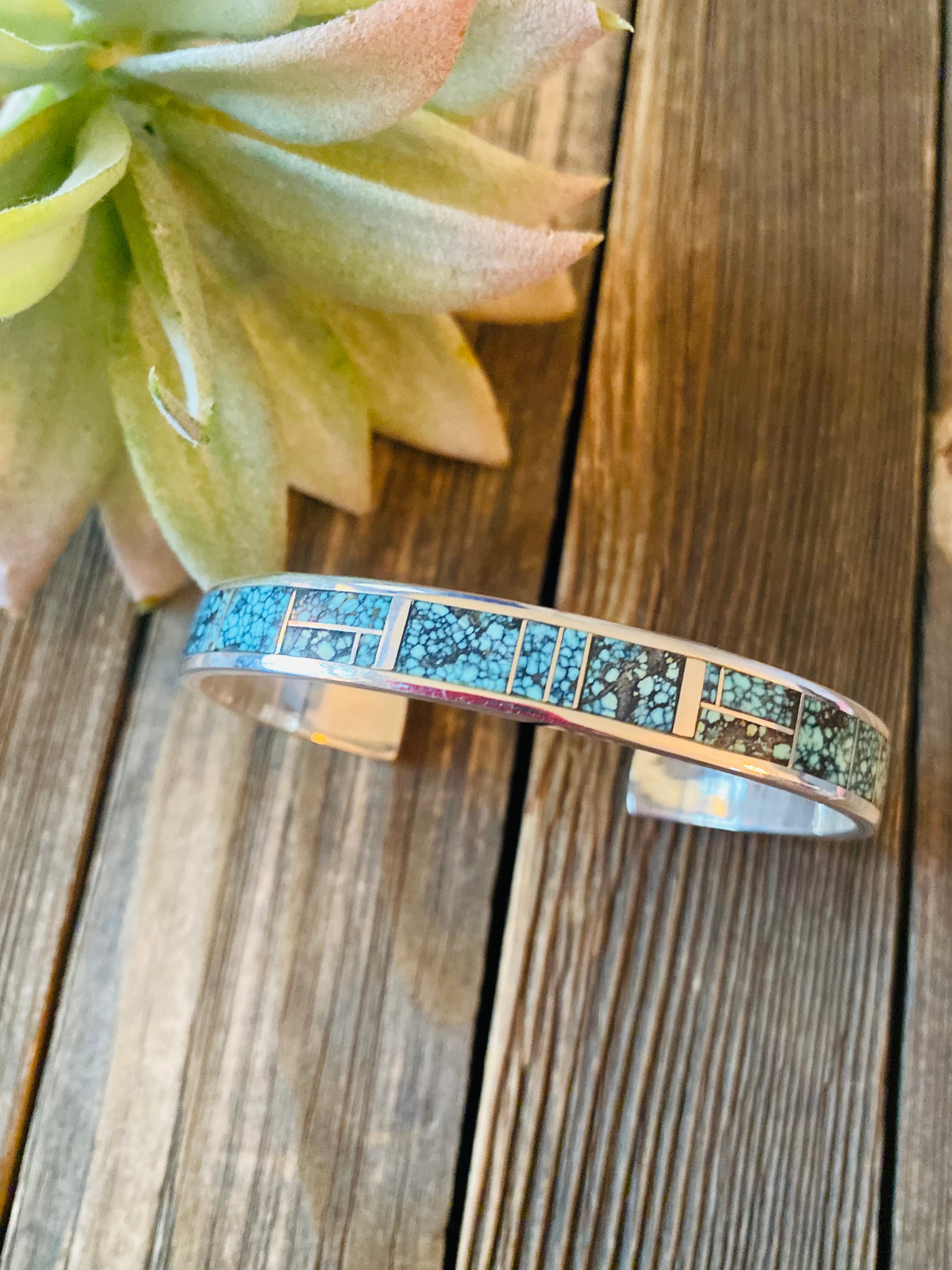 Navajo Kingman Spiderweb Turquoise & Sterling Silver Inlay Cuff Bracelet