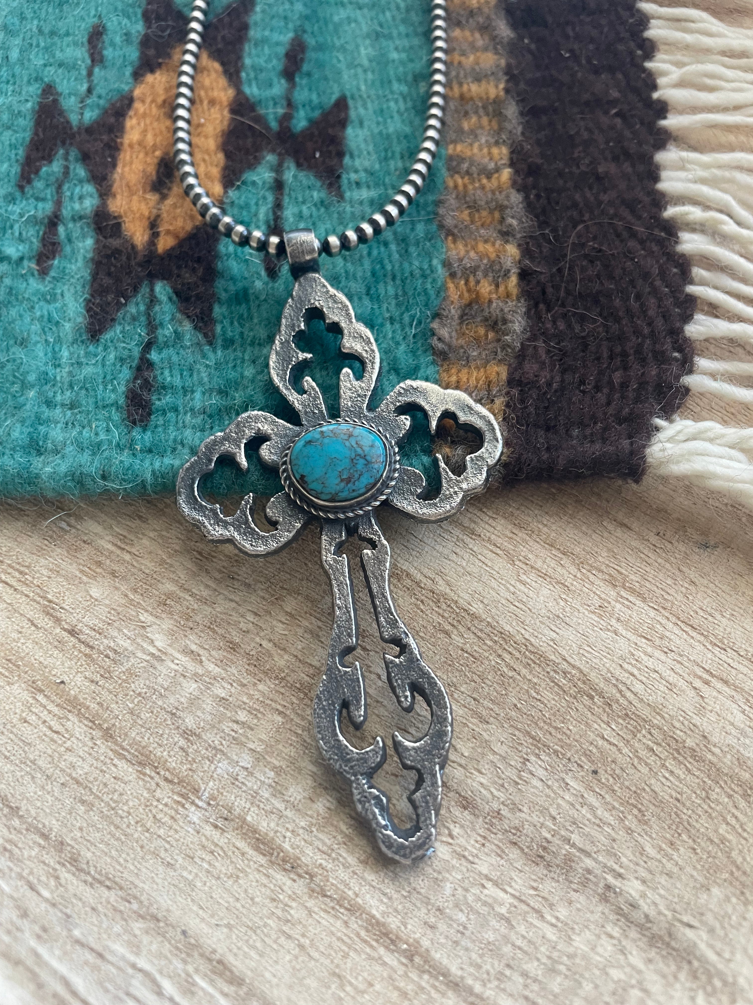 Navajo Sterling Silver & Turquoise Cross Pendant Signed Eugene Mitchell