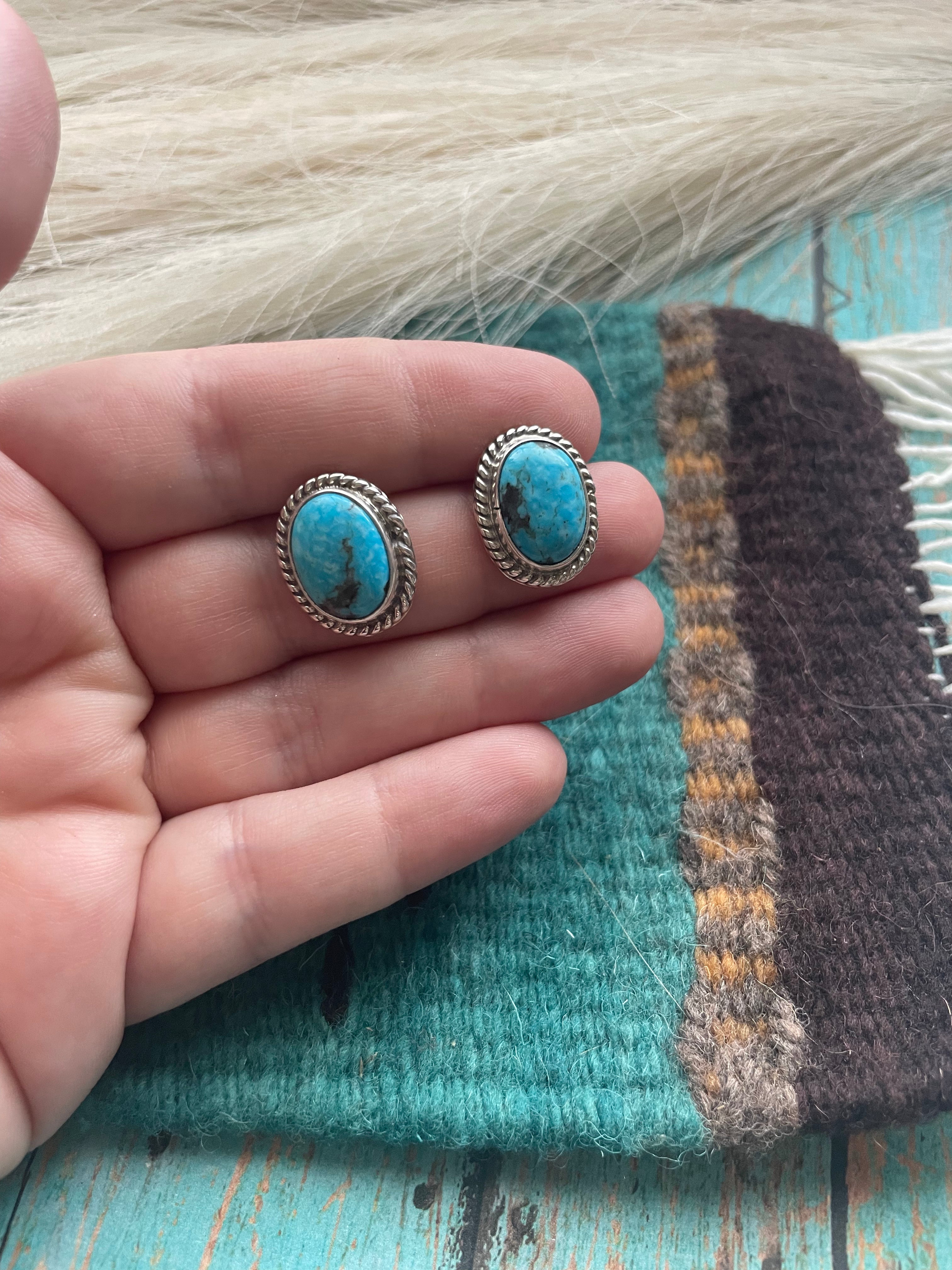 Navajo Sterling Silver & Turquoise Stud Earrings Signed M Silversmith