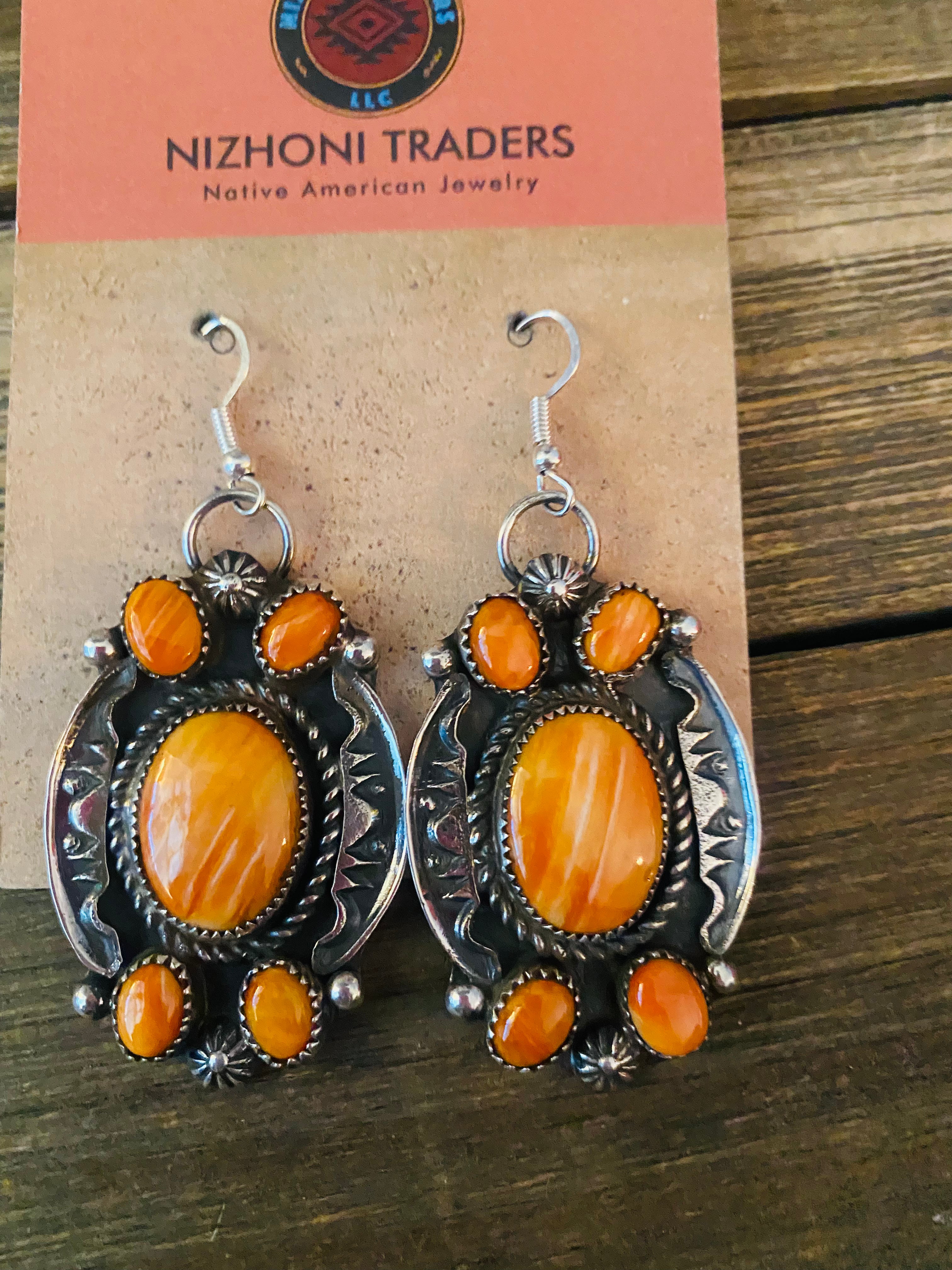 Navajo Orange Spiny And Sterling Silver 4 Piece Set by Kevin Billah