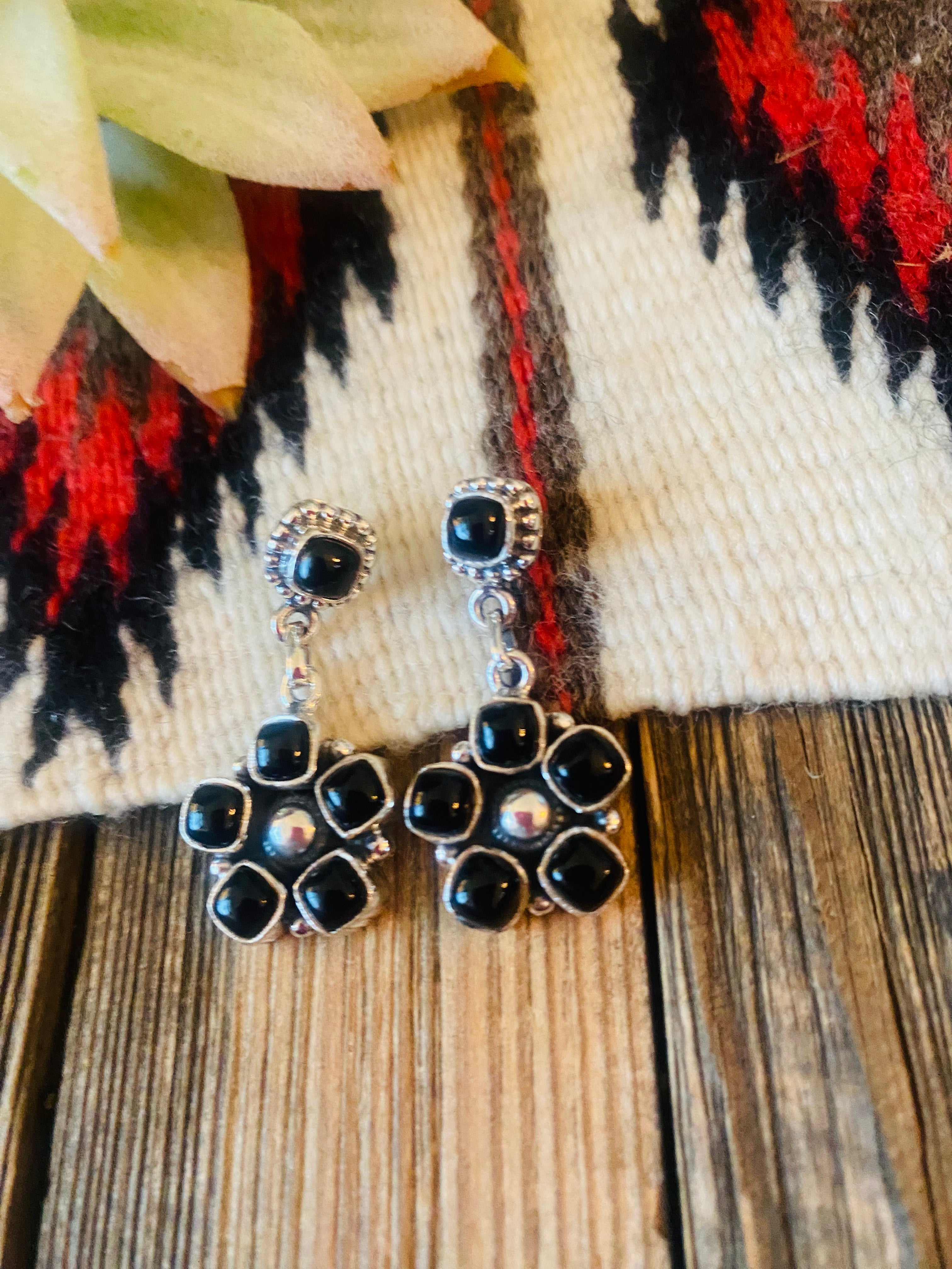 Handmade Black Onyx And Sterling Silver Cluster Dangle Earrings