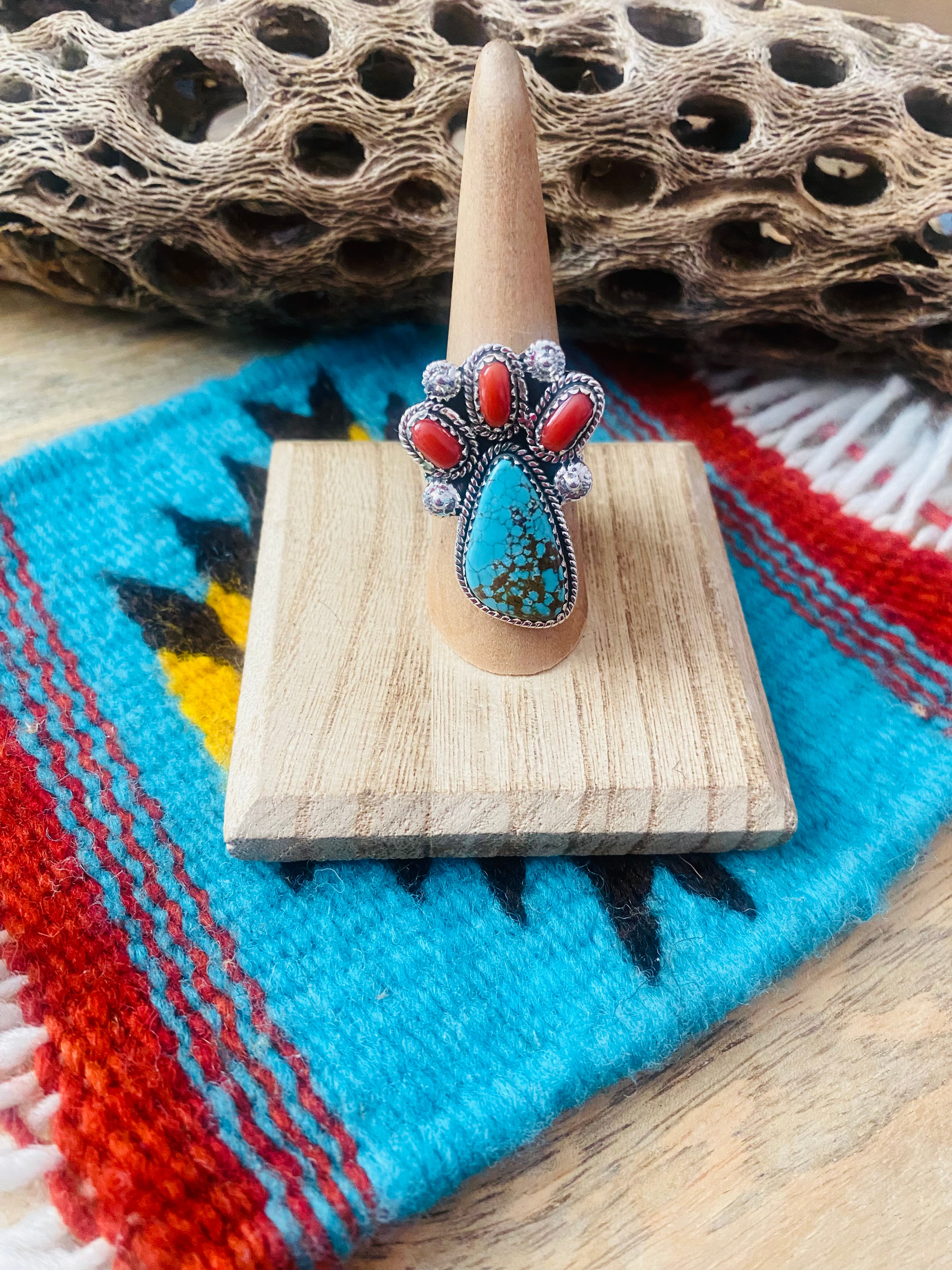 Handmade Sterling Silver, Coral & Number 8 Turquoise Adjustable Ring