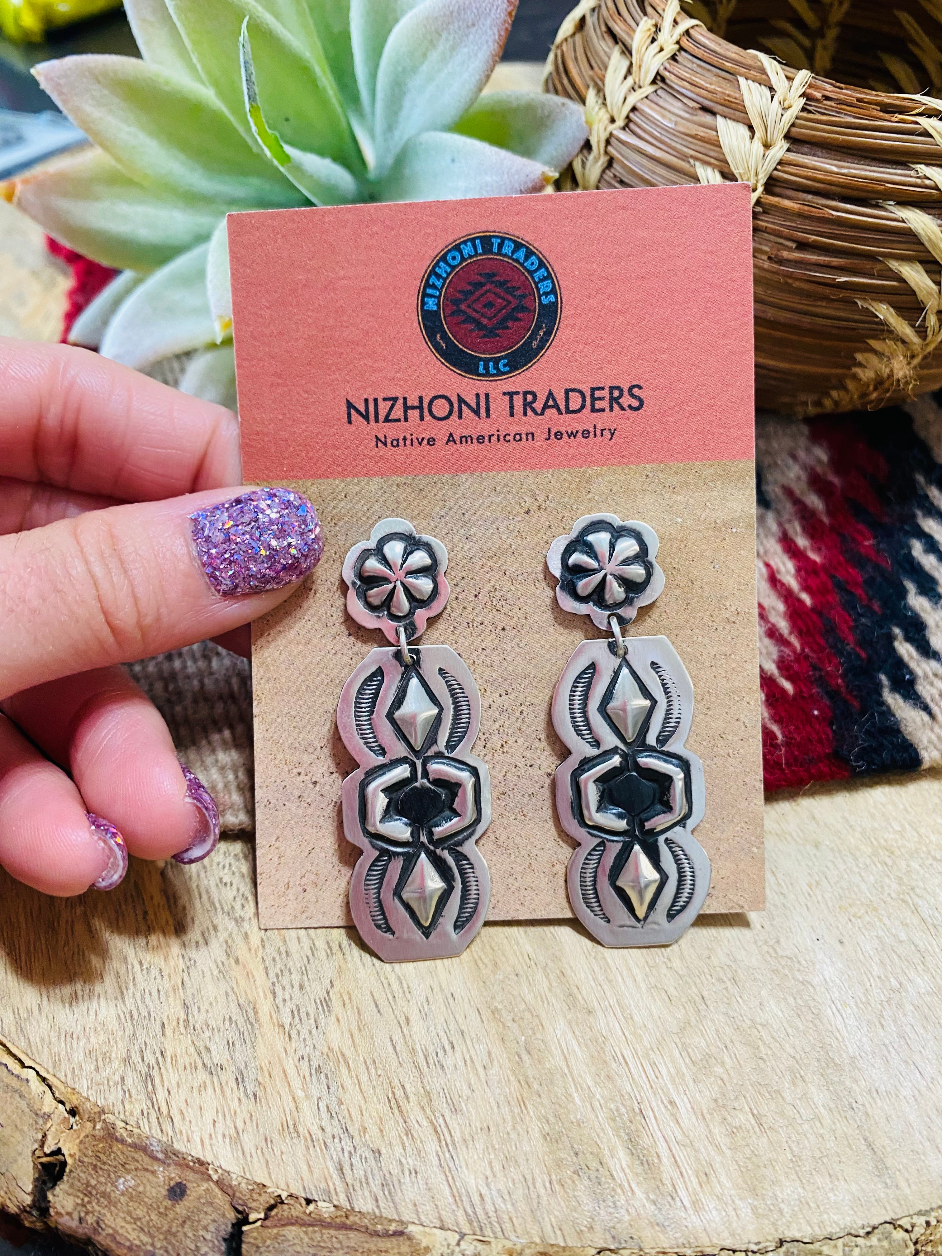 Navajo Sterling Silver Concho Dangle Earrings By Leander Tahe