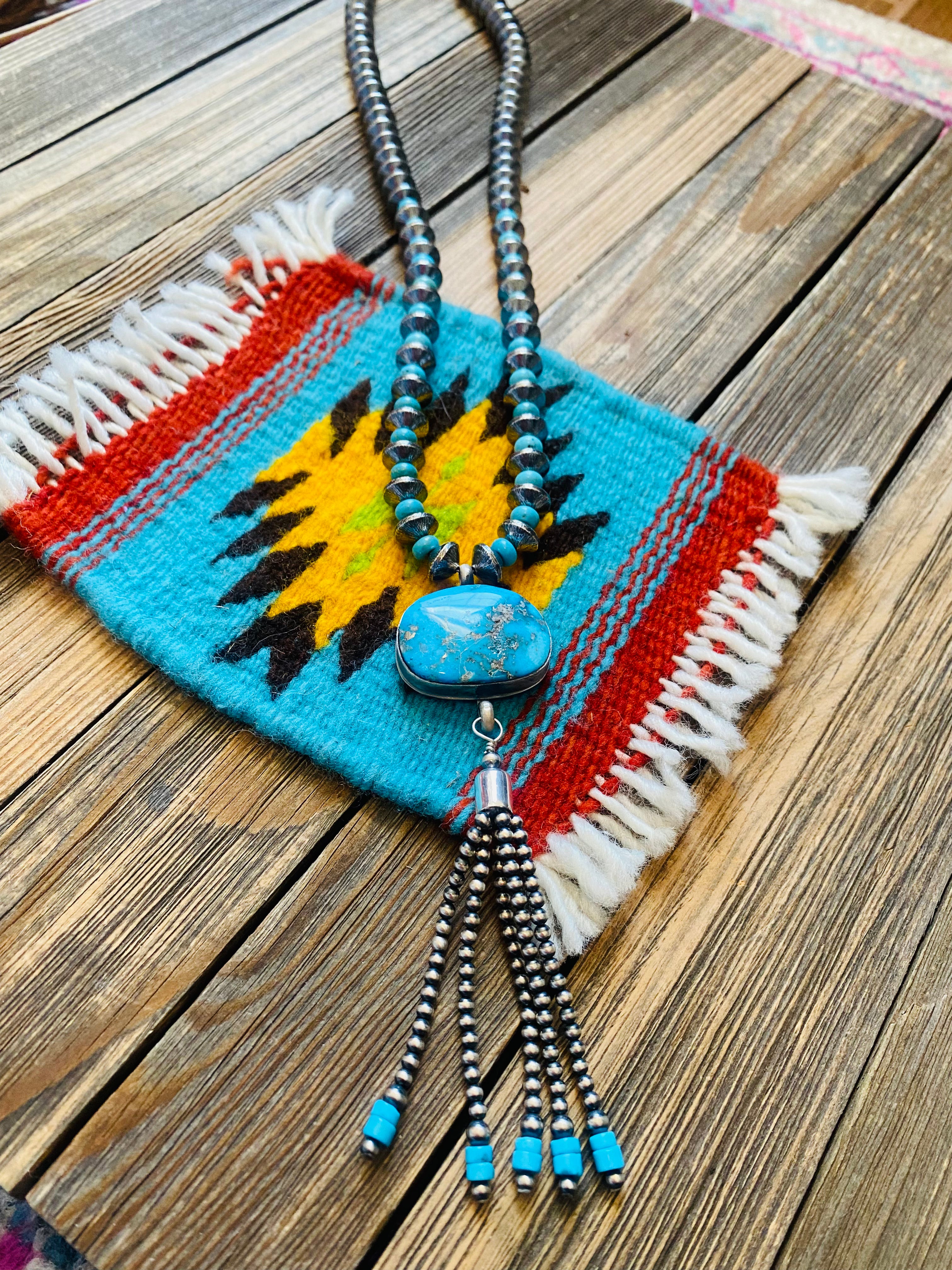 Navajo Turquoise & Sterling Silver Pearl Beaded Tassel Necklace