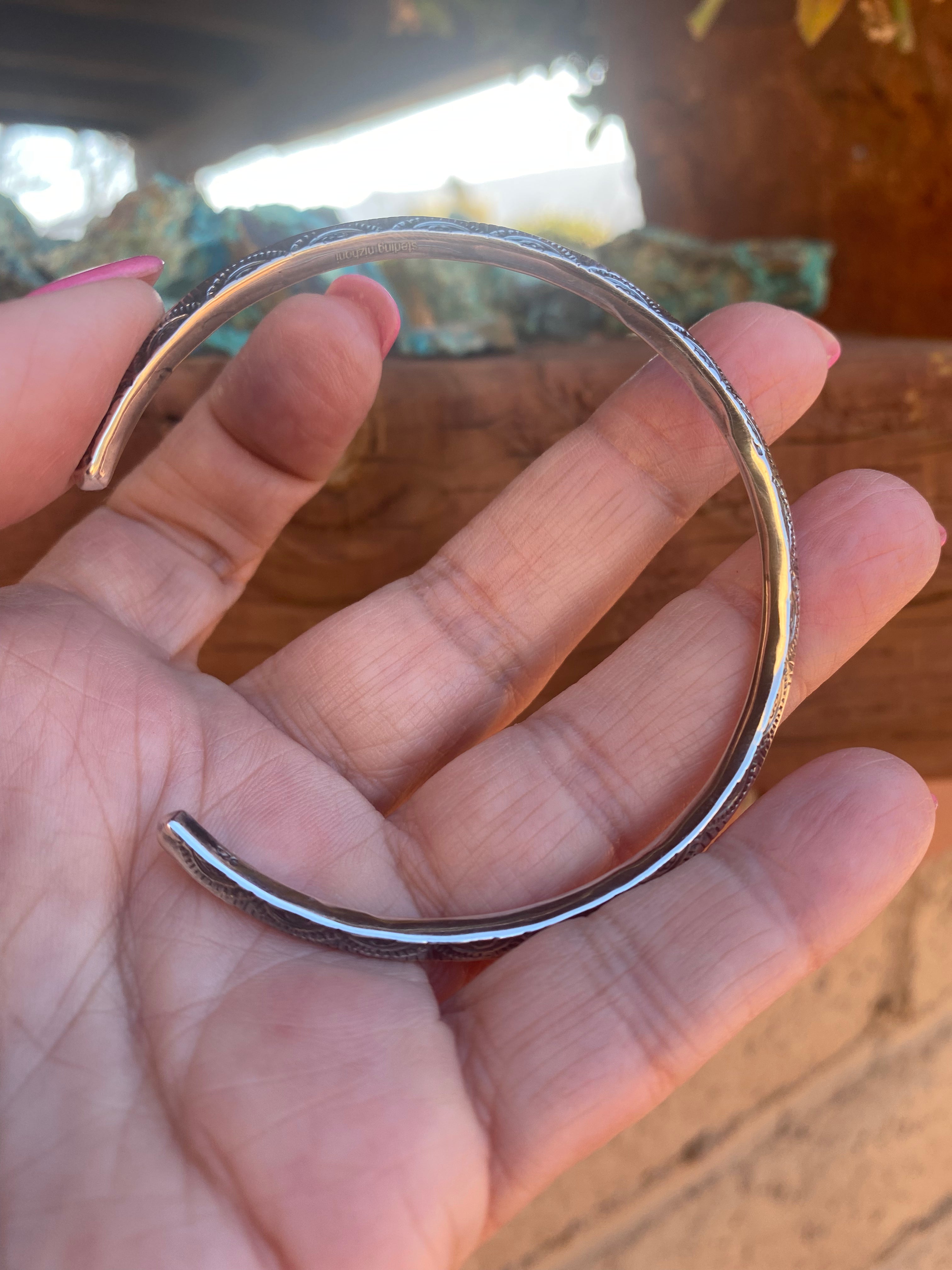 Handmade Sterling Silver Hand Stamped Dome Stacker Cuff