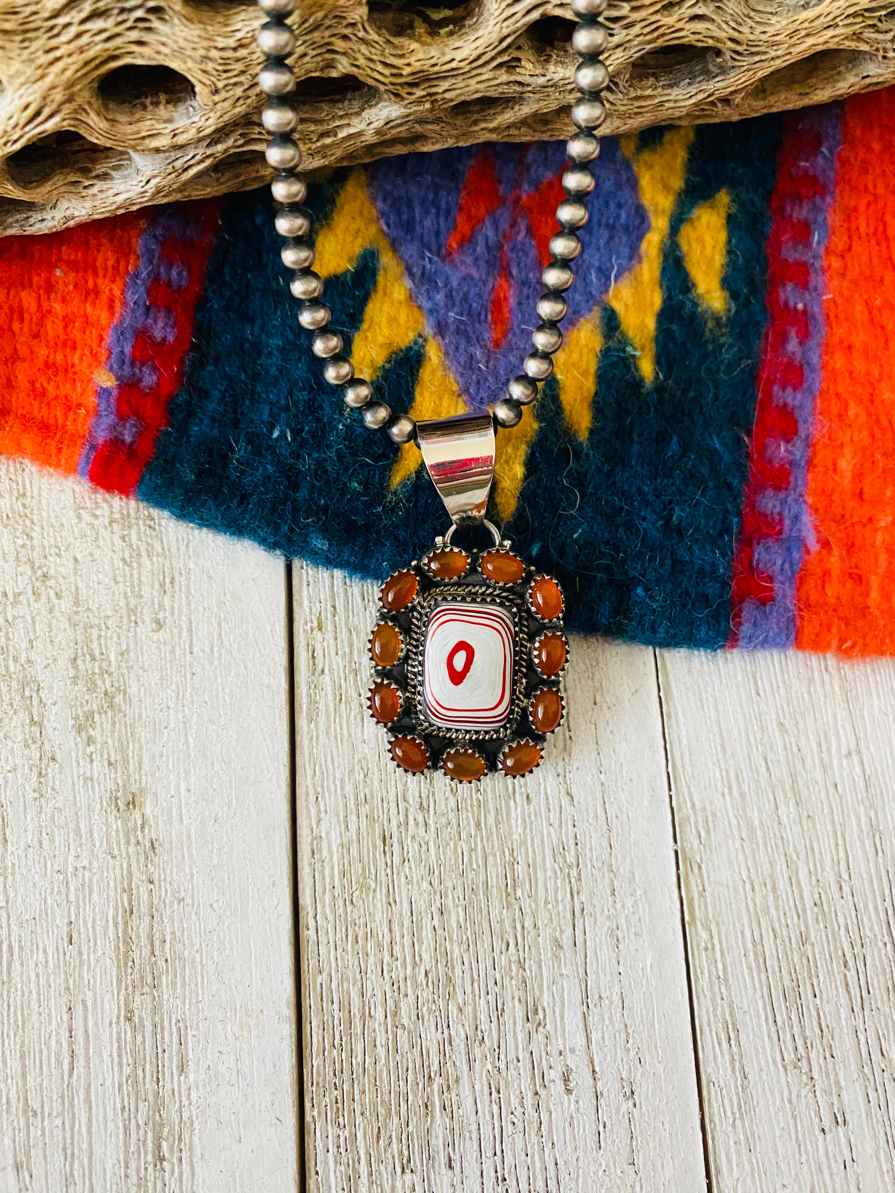 Handmade Sterling Silver, Fordite & Garnet Cluster Pendant