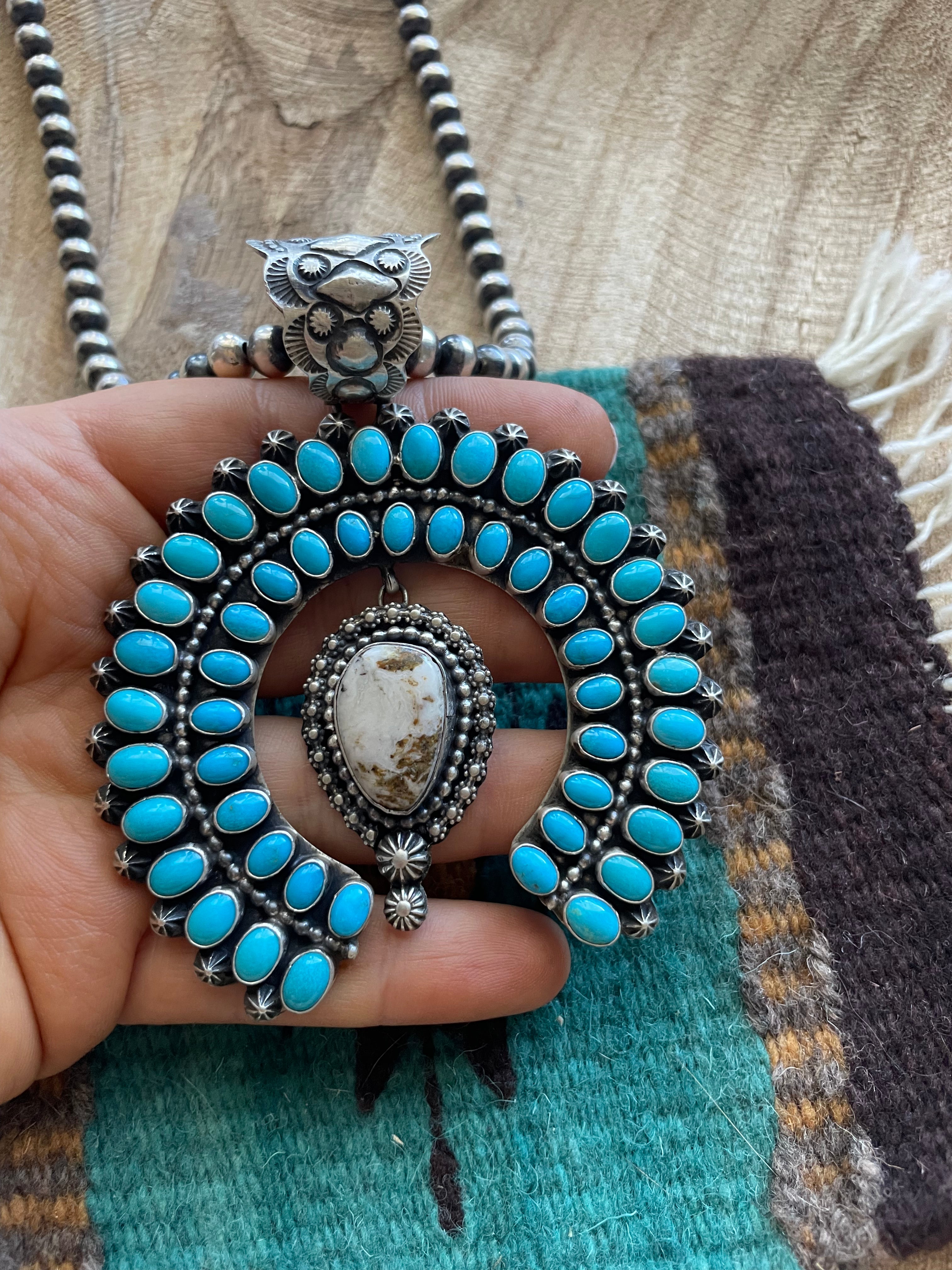 Navajo Sterling Silver, Turquoise & White Buffalo Naja Pendant Signed