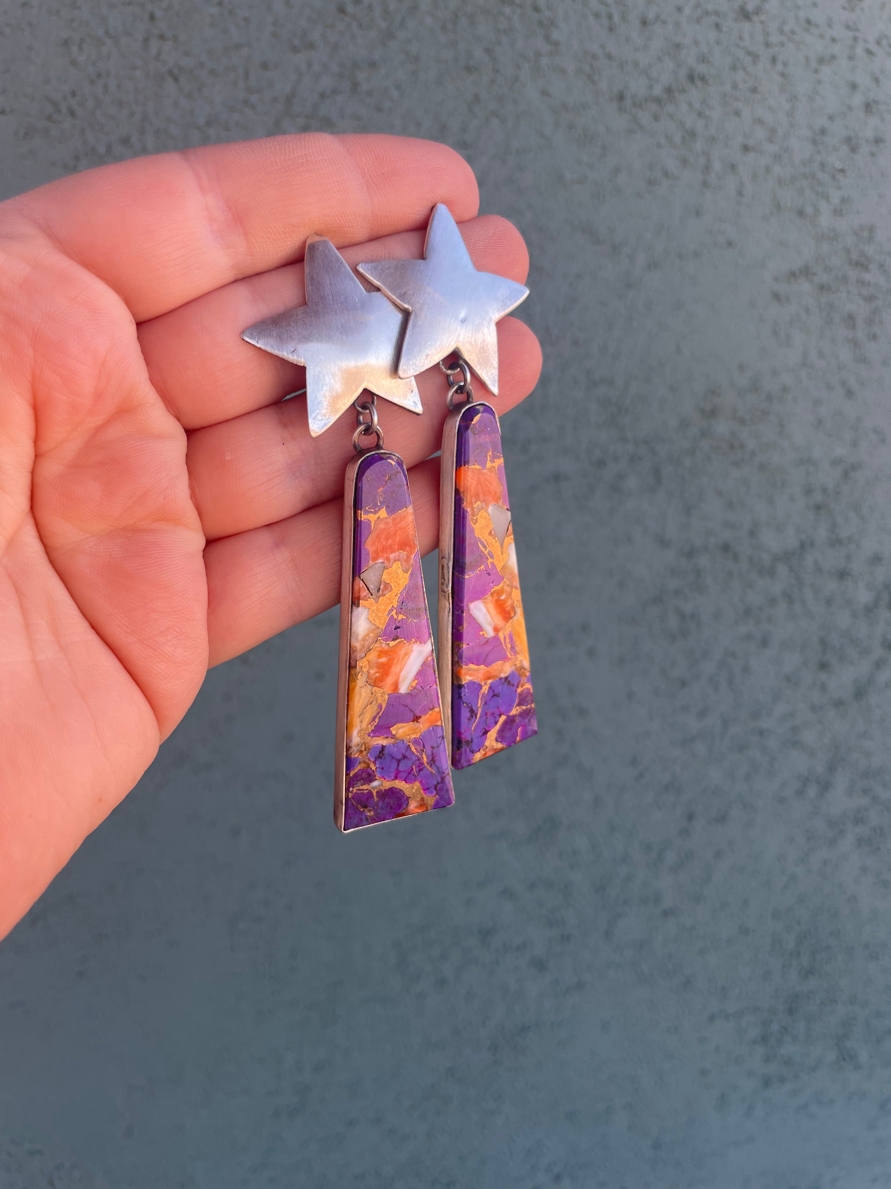 Navajo Sterling Silver & Purple Dream Slab Star Dangle Earrings Signed