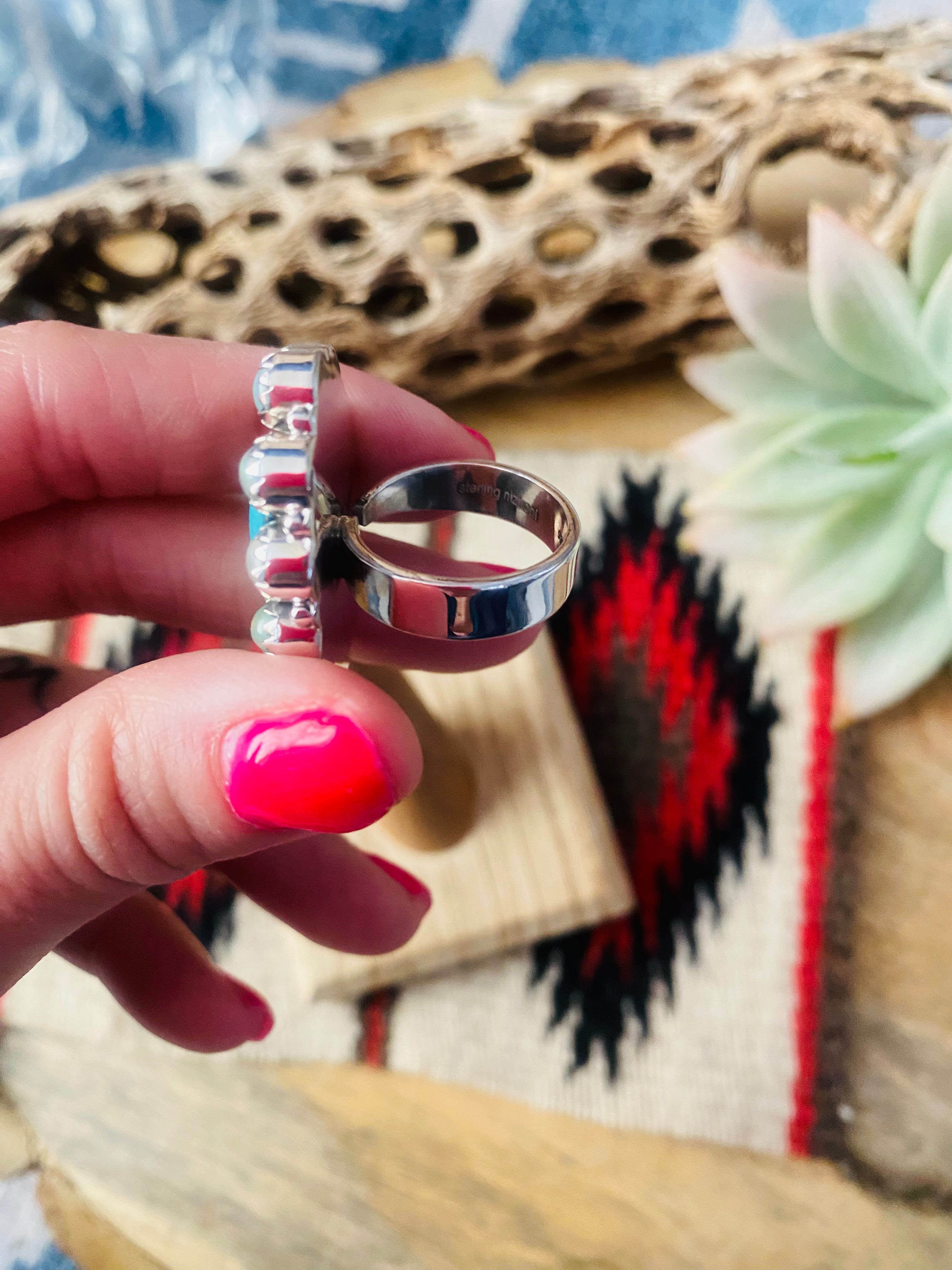 Handmade Sterling Silver, Turquoise & Opal Cluster Adjustable Ring