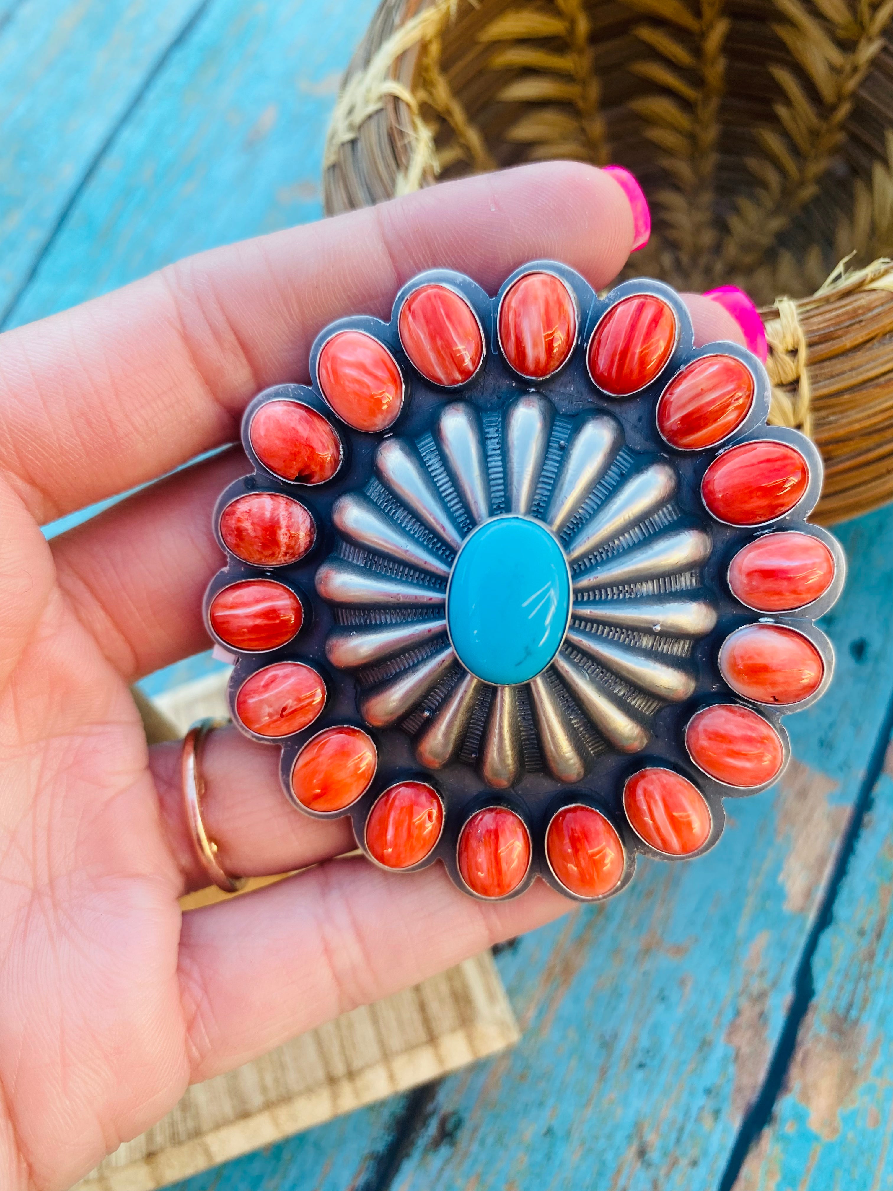 Navajo Red Spiny, Turquoise & Sterling Silver Adjustable Ring