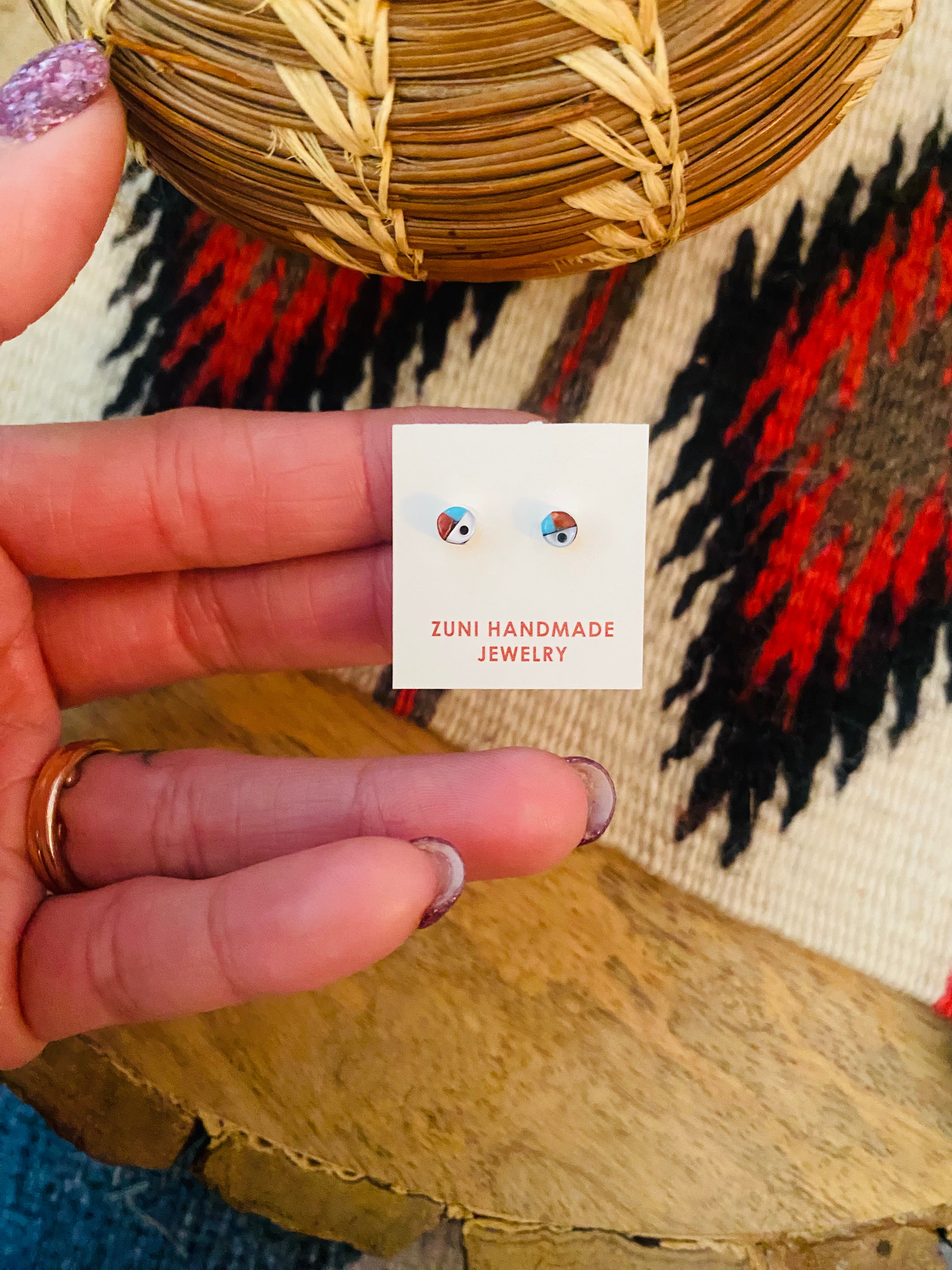 Zuni Sun Face Multi Stone & Sterling Silver Inlay Mini Stud Earrings