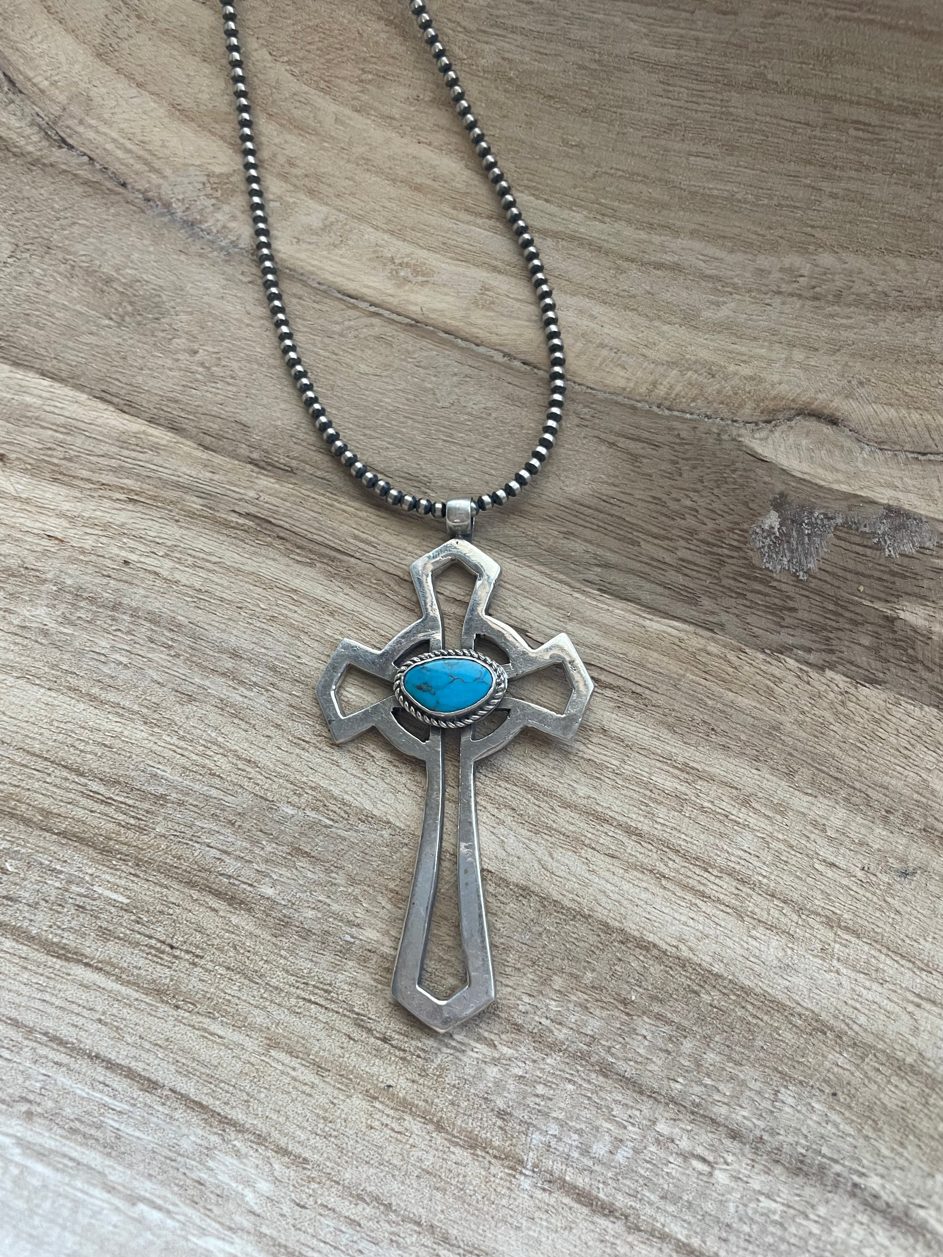 Navajo Sterling Silver & Turquoise Cross Pendant Signed Eugene Mitchell