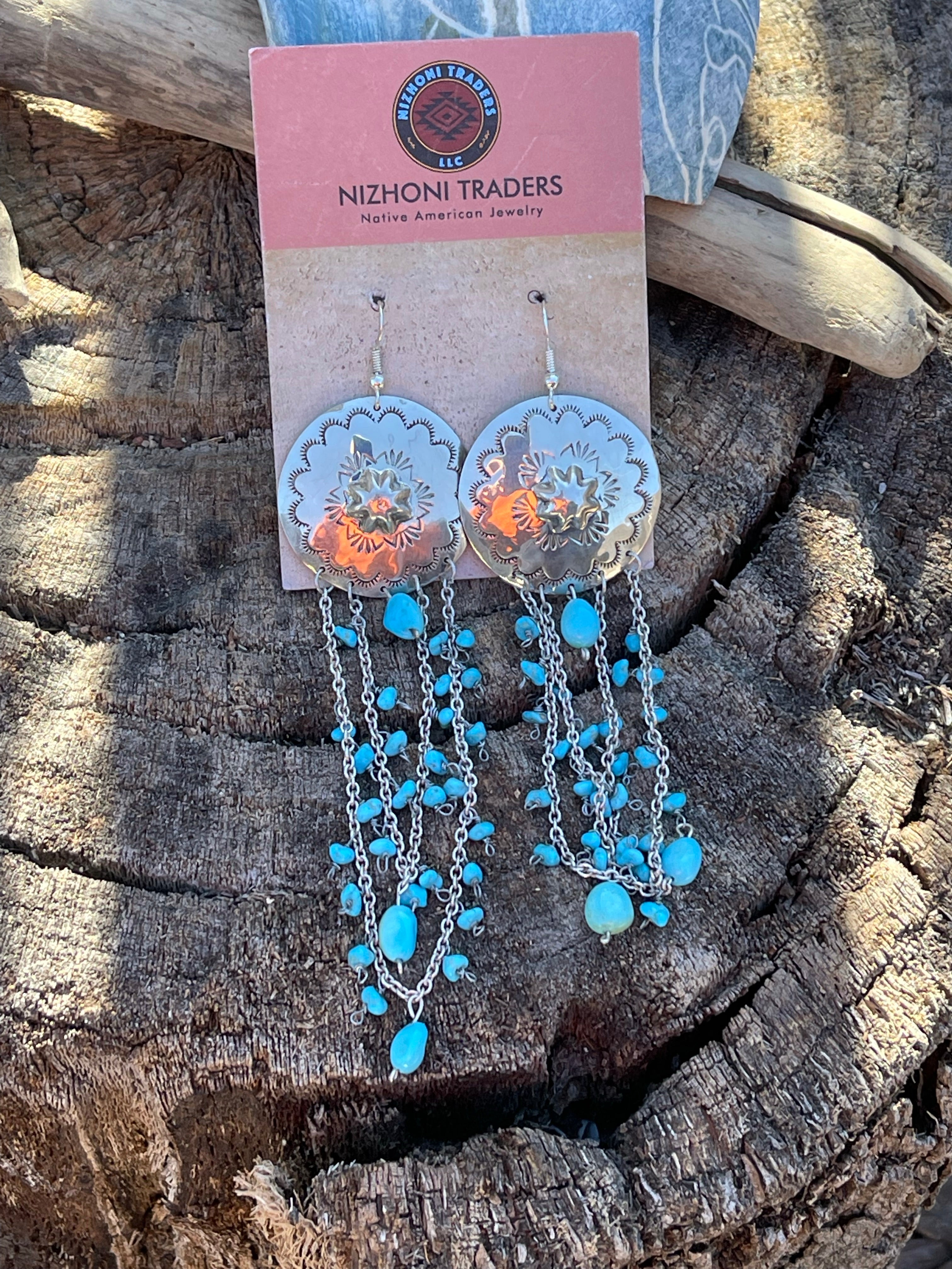 Navajo Sterling Silver Turquoise Concho Chain Dangle Earrings