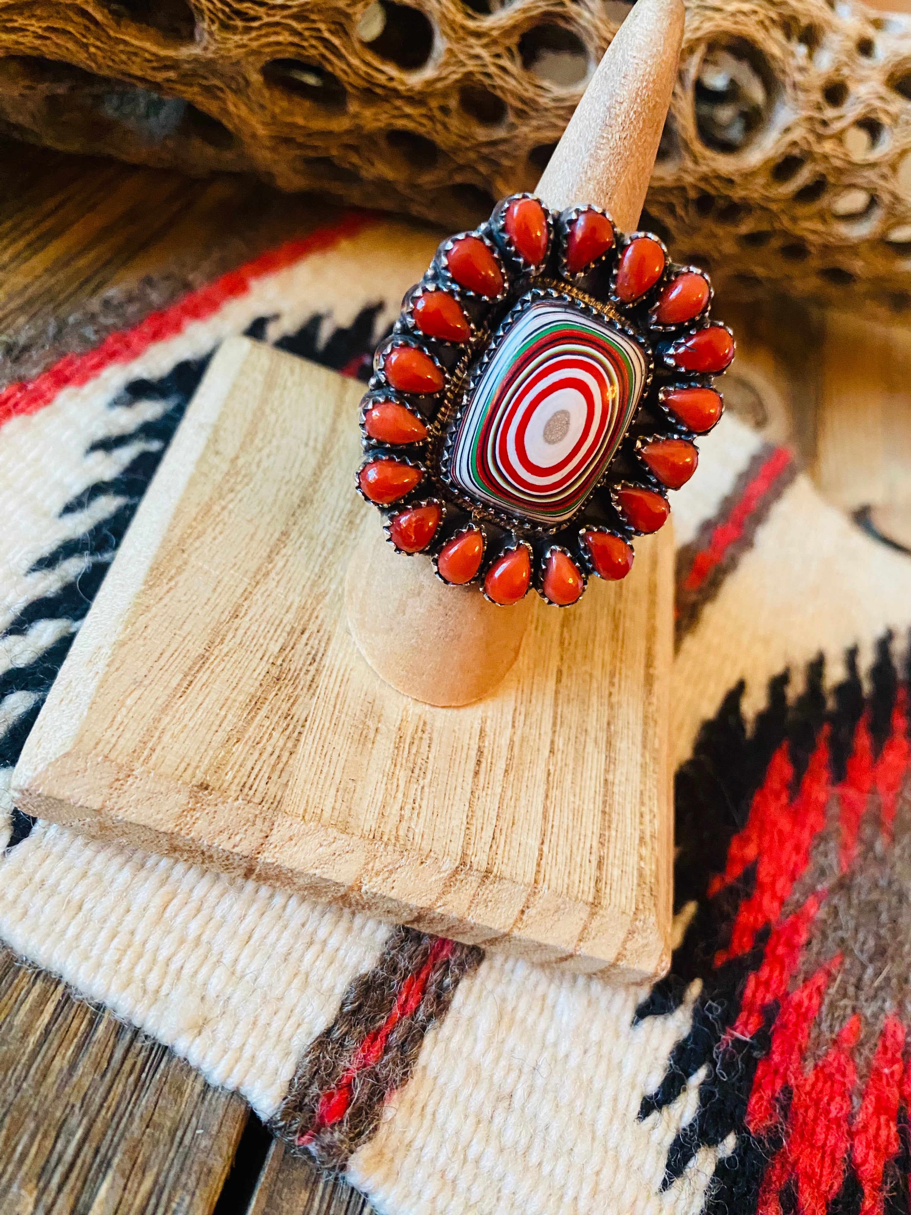 Handmade Sterling Silver, Fordite & Coral Cluster Adjustable Ring