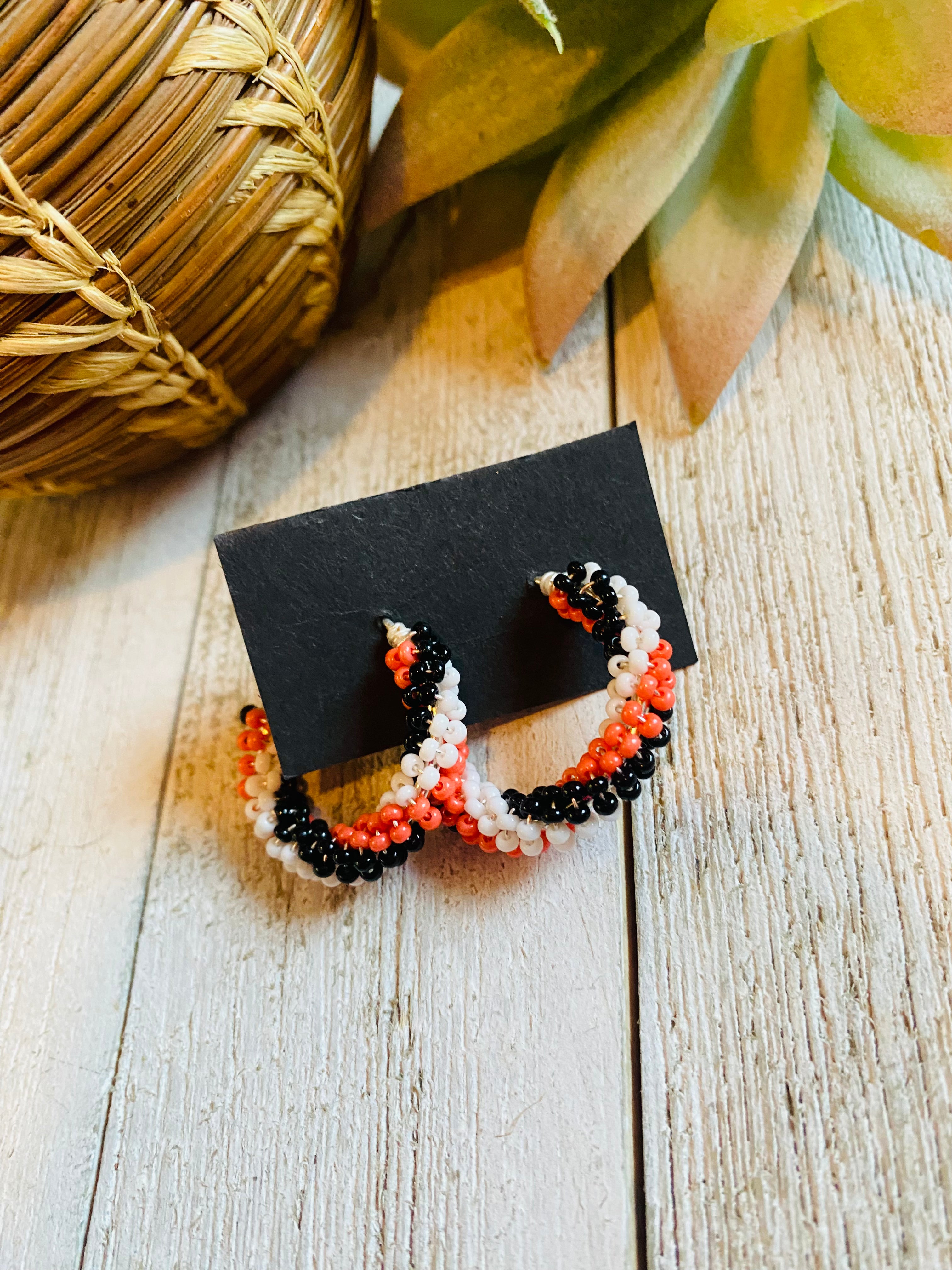 Navajo Handmade Beaded Hoop Earrings- orange