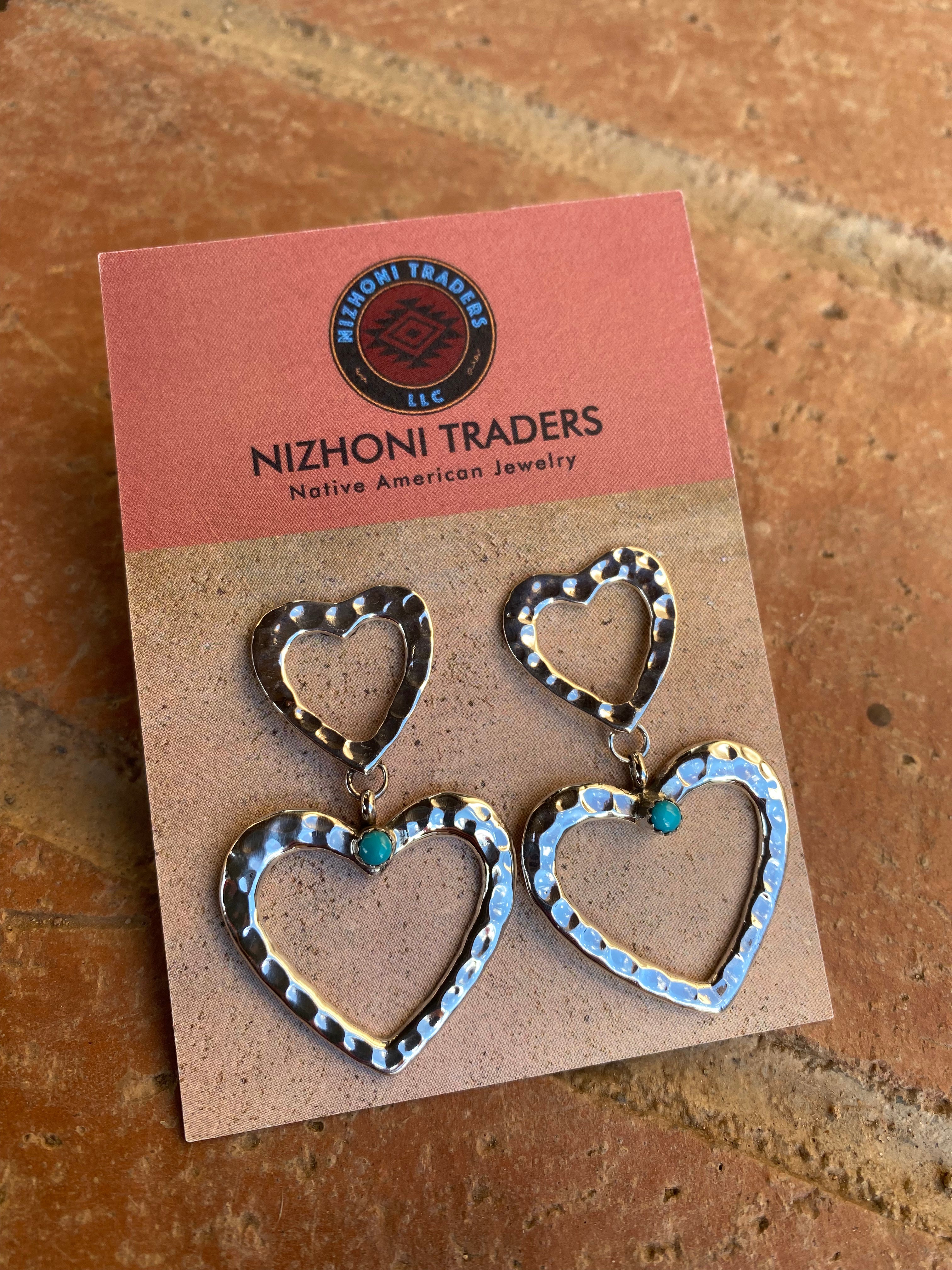 Navajo Turquoise & Sterling Silver Heart Dangle Earrings