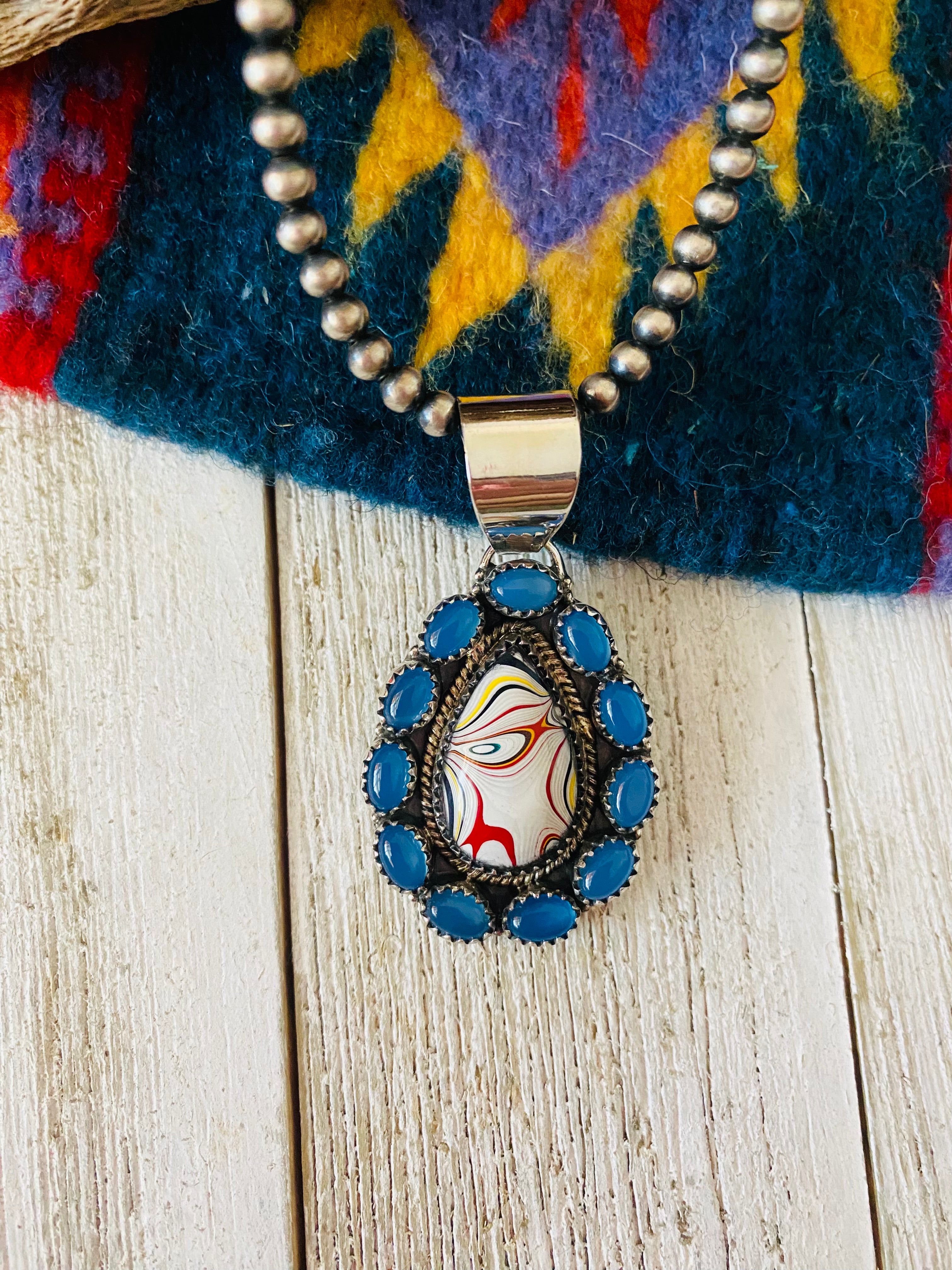 Handmade Sterling Silver, Fordite & Blue Calcedony Cluster Pendant