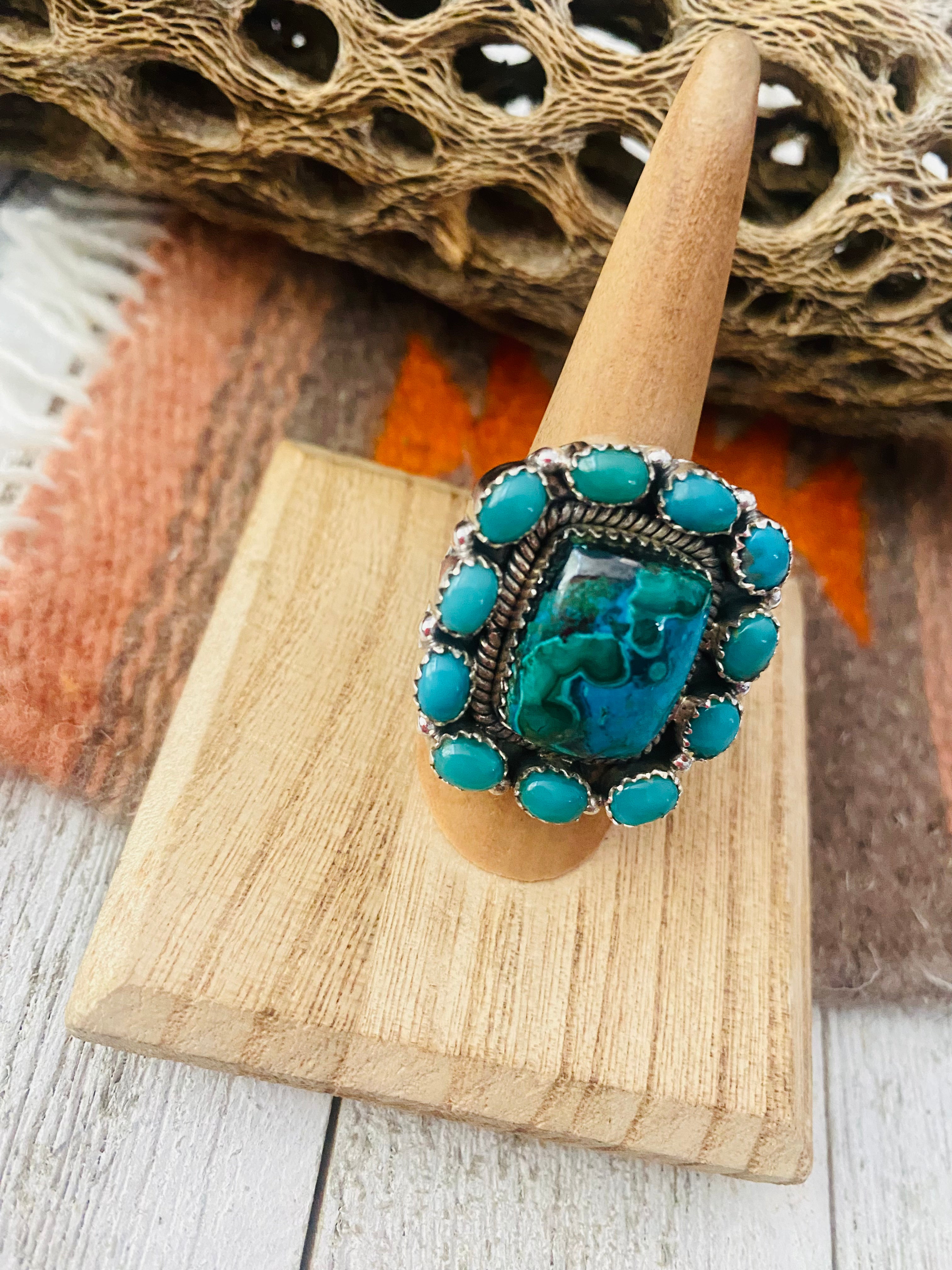 Handmade Sterling Silver, Azurite Malachite & Turquoise Cluster Adjustable Ring