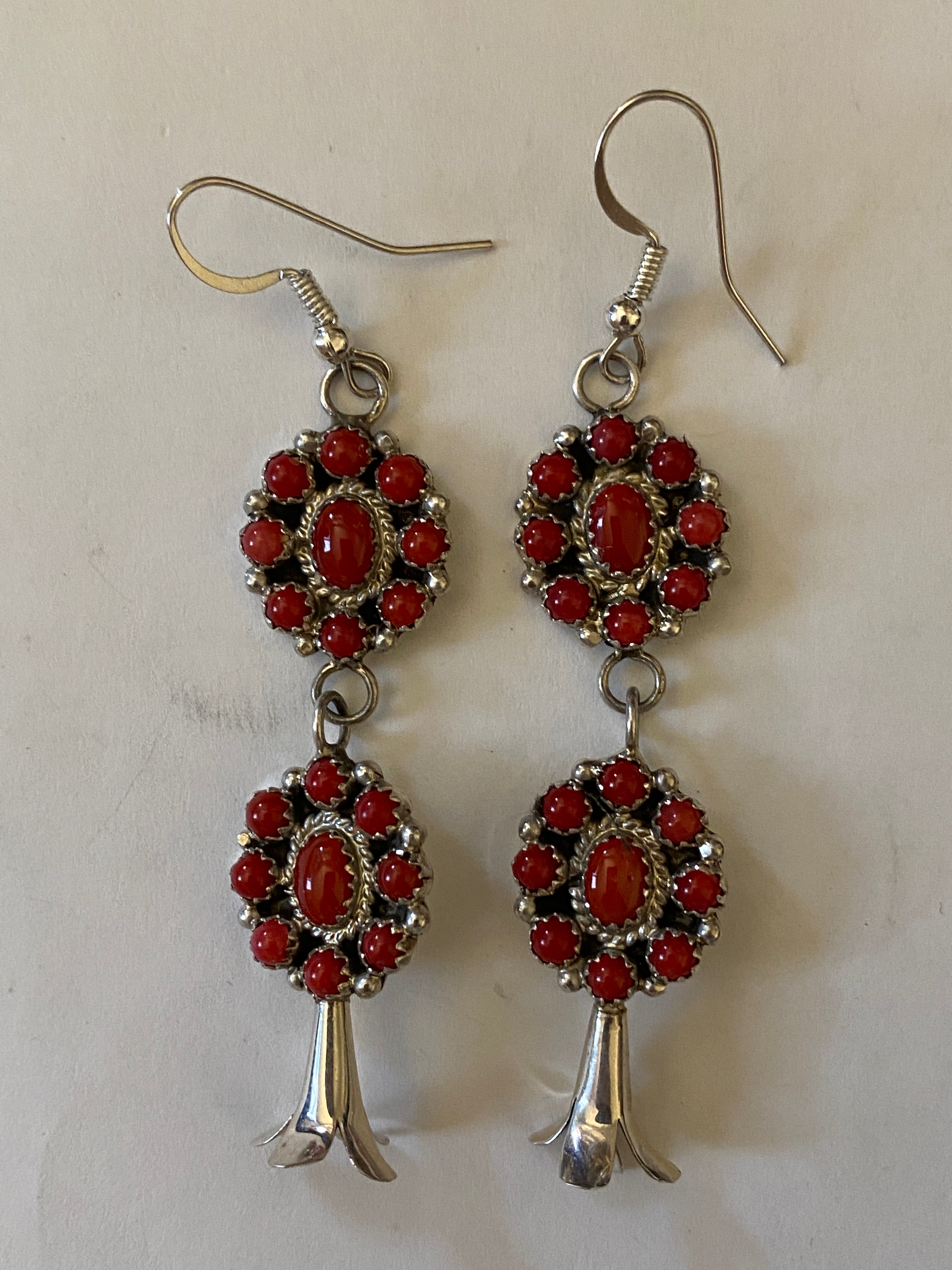 Zuni Petit Point Red Coral Sterling Silver Blossom Dangle Earrings