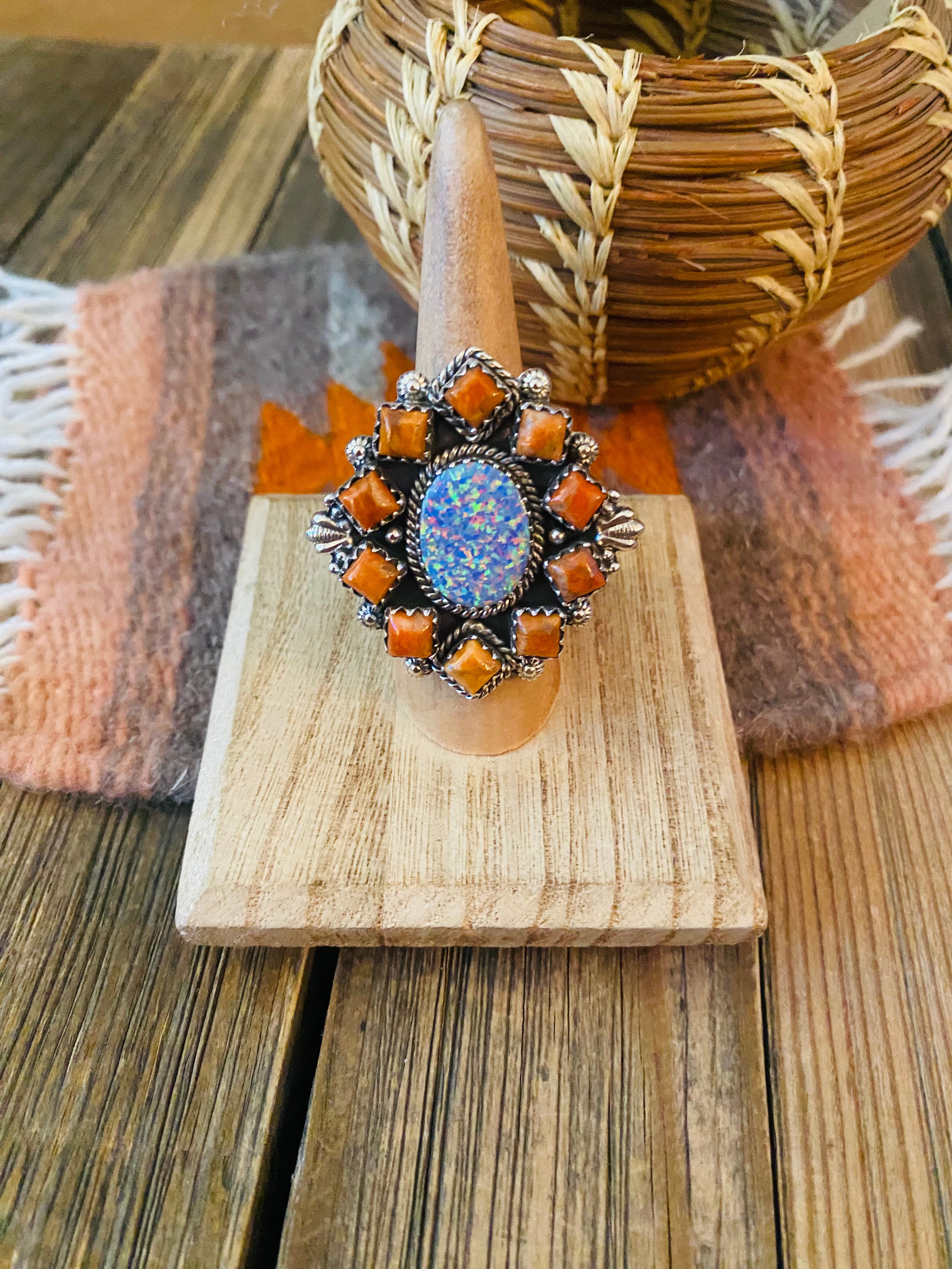 Handmade Sterling Silver, Orange Mojave & Opal Cluster Adjustable Ring